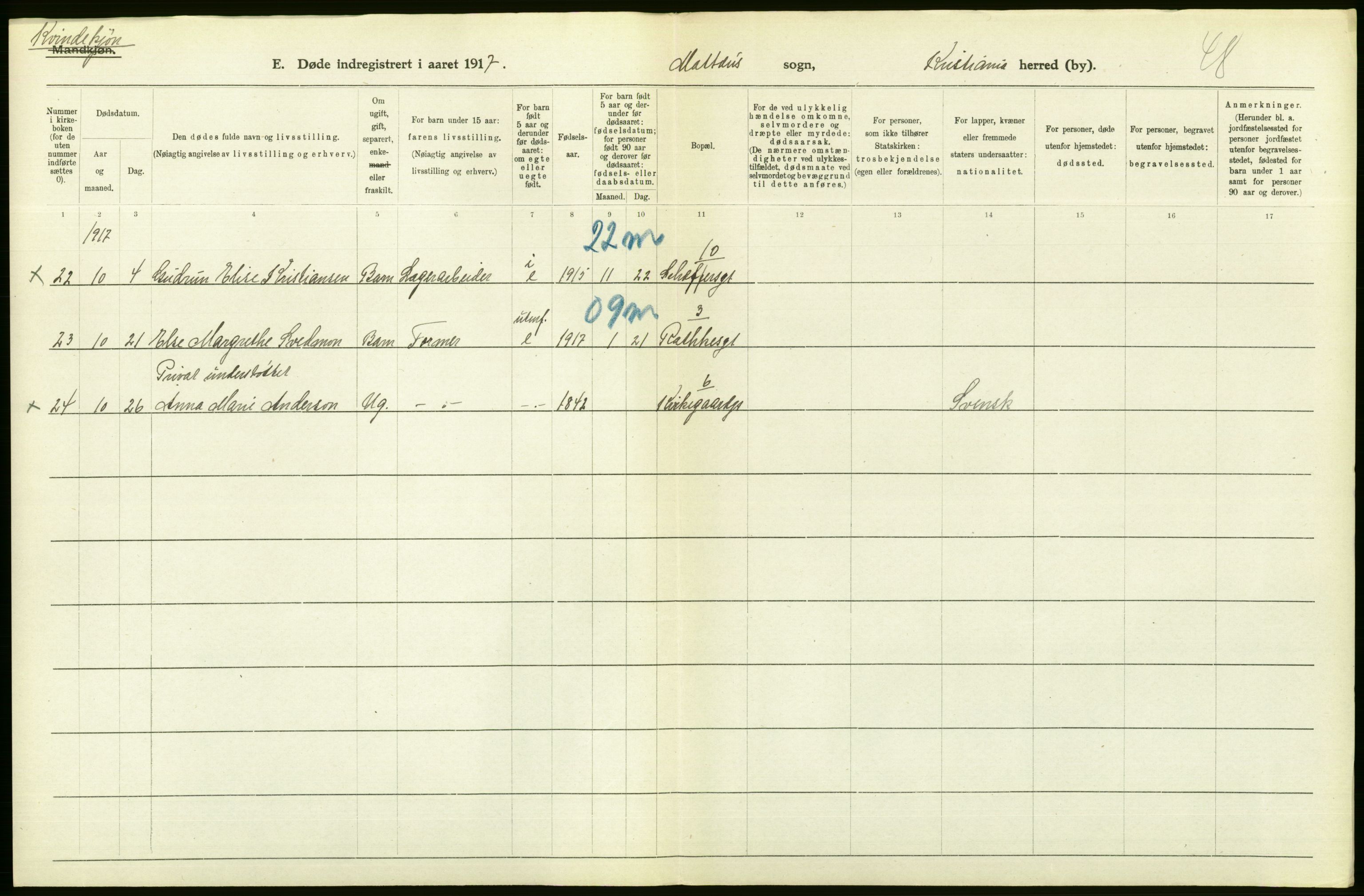 Statistisk sentralbyrå, Sosiodemografiske emner, Befolkning, AV/RA-S-2228/D/Df/Dfb/Dfbg/L0010: Kristiania: Døde, 1917, s. 180