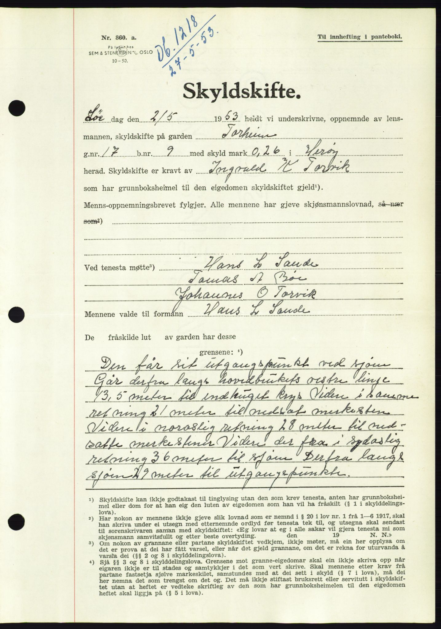 Søre Sunnmøre sorenskriveri, AV/SAT-A-4122/1/2/2C/L0095: Pantebok nr. 21A, 1953-1953, Dagboknr: 1218/1953