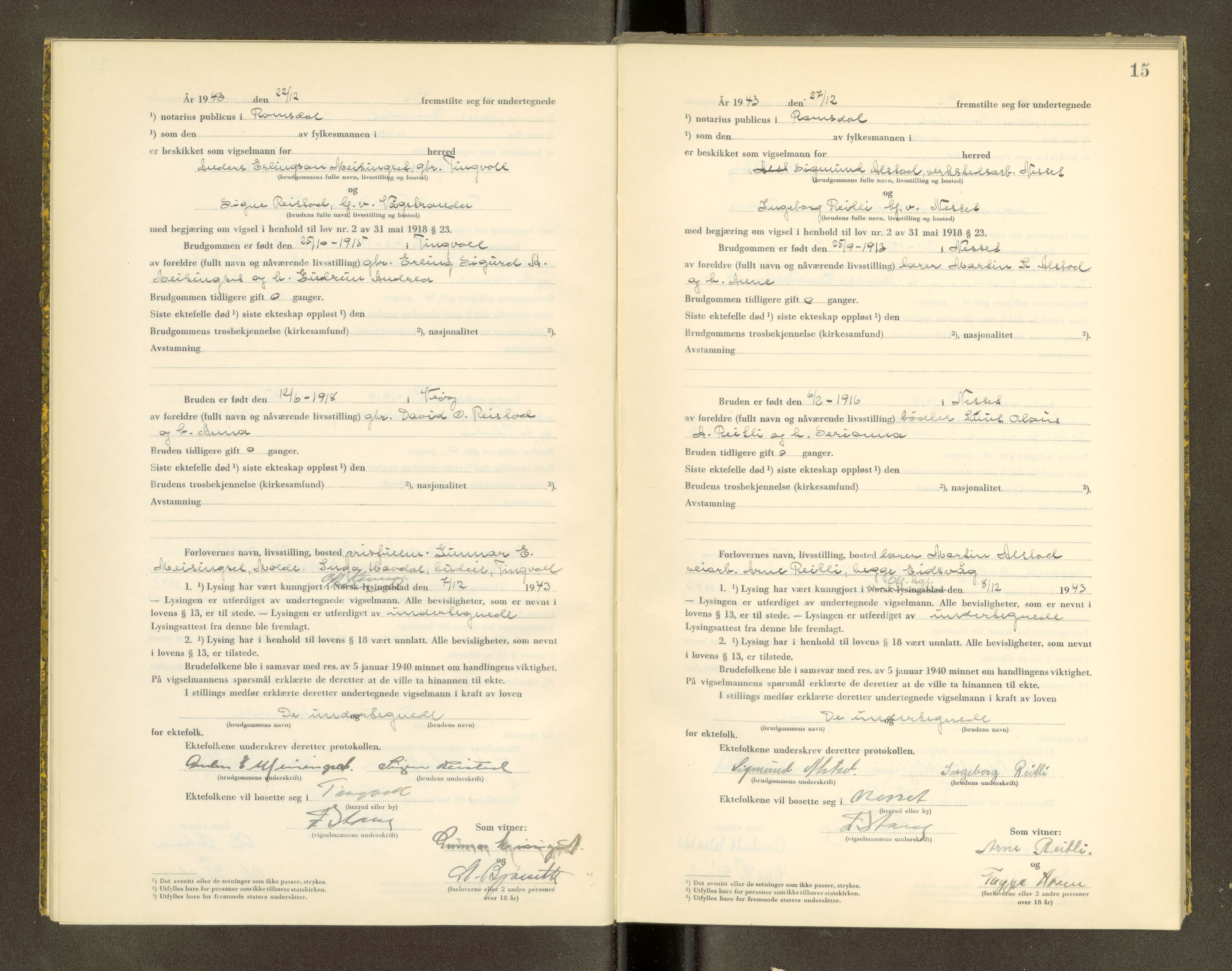 Romsdal sorenskriveri, AV/SAT-A-4149/1/6/6D/L0007: Vigselbok, 1943-1944, s. 15