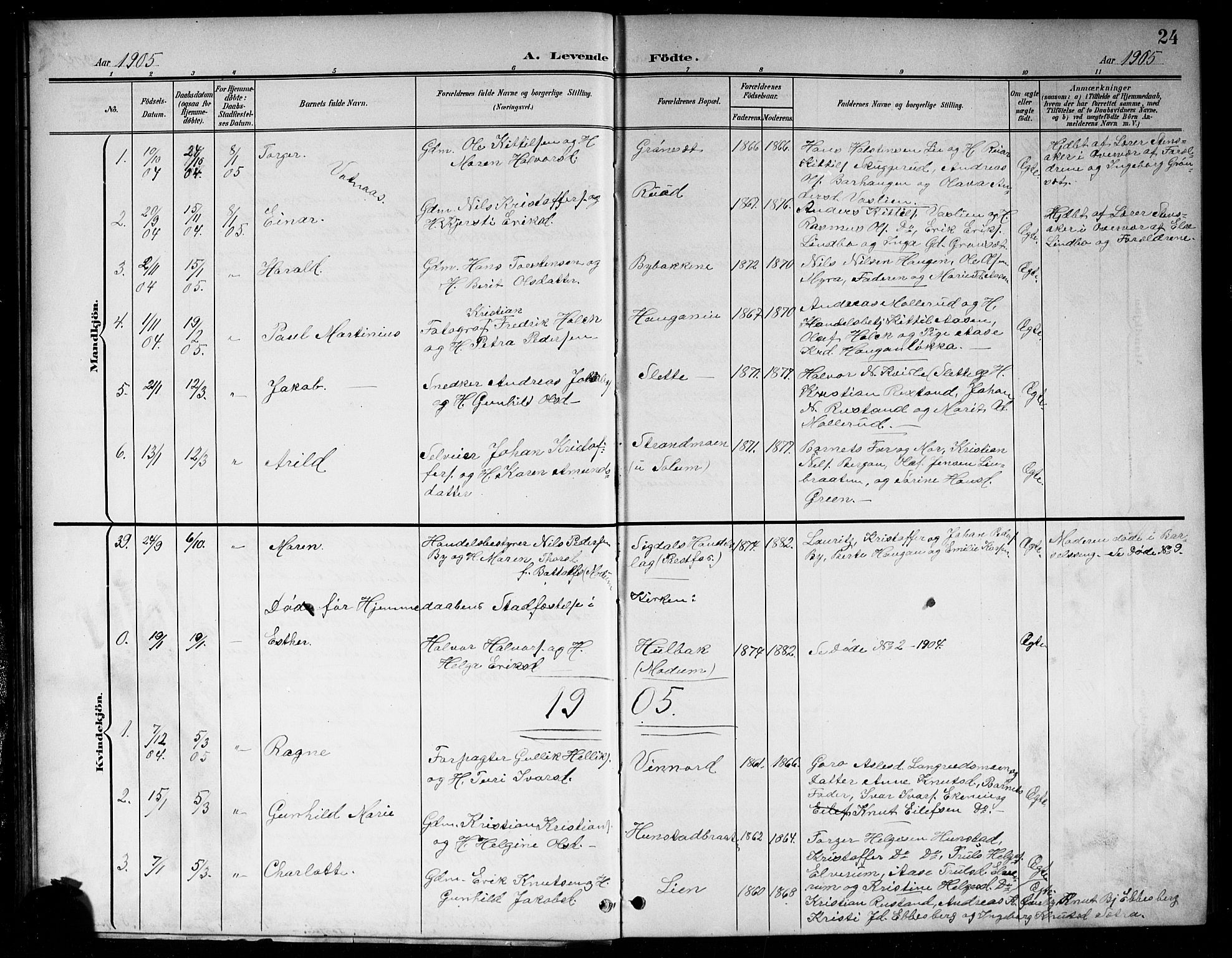 Sigdal kirkebøker, AV/SAKO-A-245/G/Ga/L0006: Klokkerbok nr. I 6, 1901-1916, s. 24