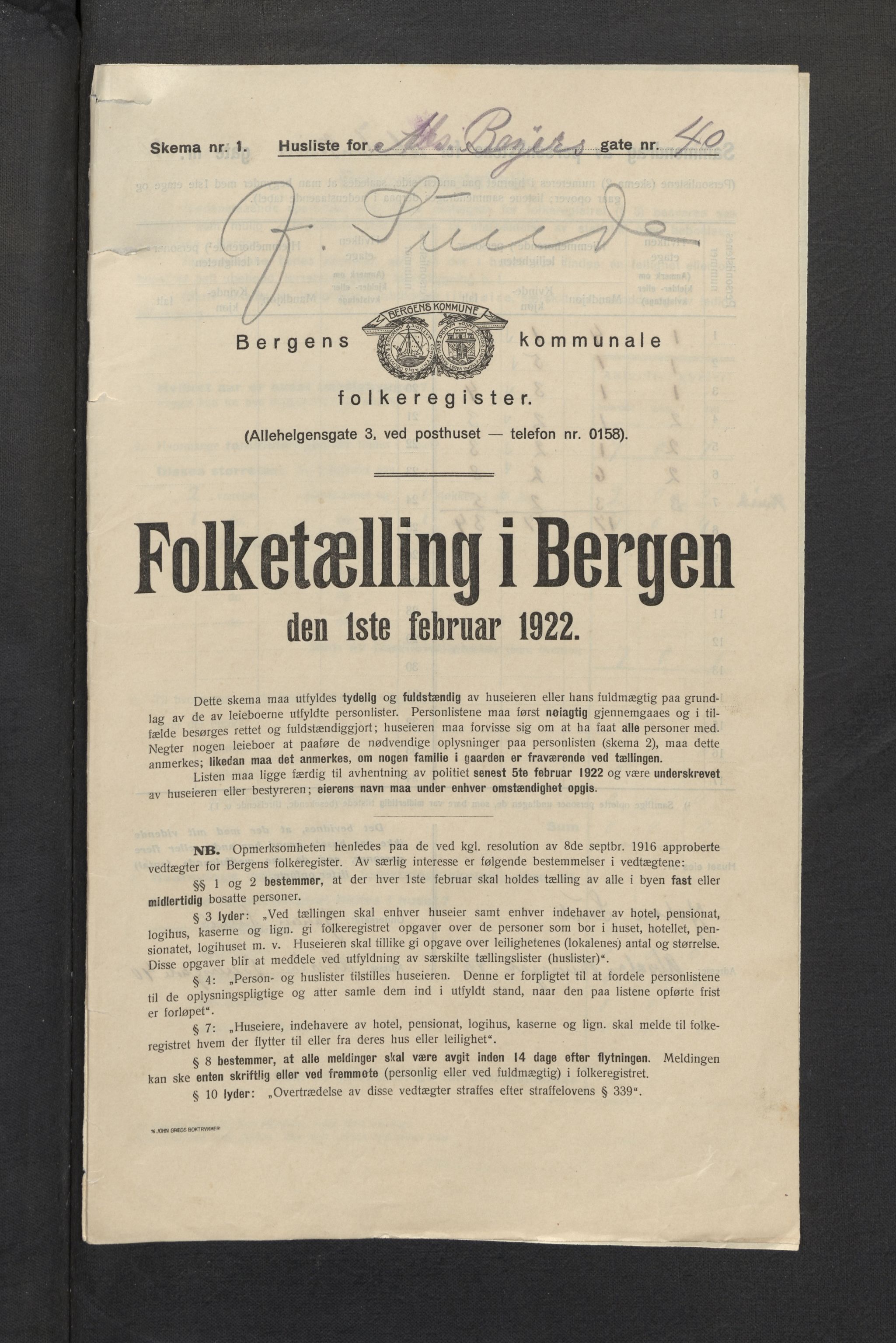 SAB, Kommunal folketelling 1922 for Bergen kjøpstad, 1922, s. 707