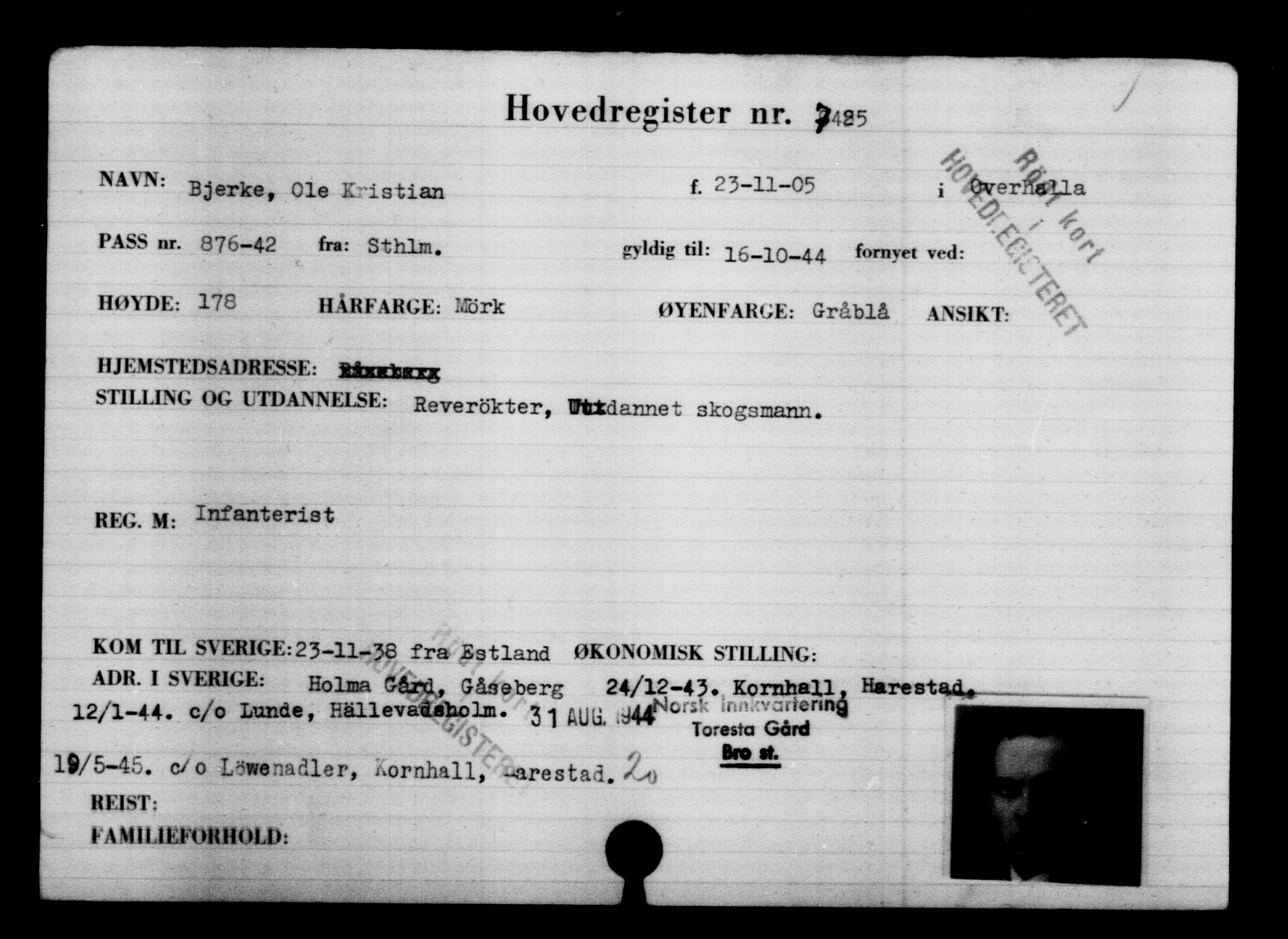 Utenriksstasjonene, Legasjonen i Stockholm, Flyktningkontoret, AV/RA-S-6753/V/Va/L0005: Kjesäterkartoteket, flyktning nr. 6600-9417, 1940-1945, s. 967