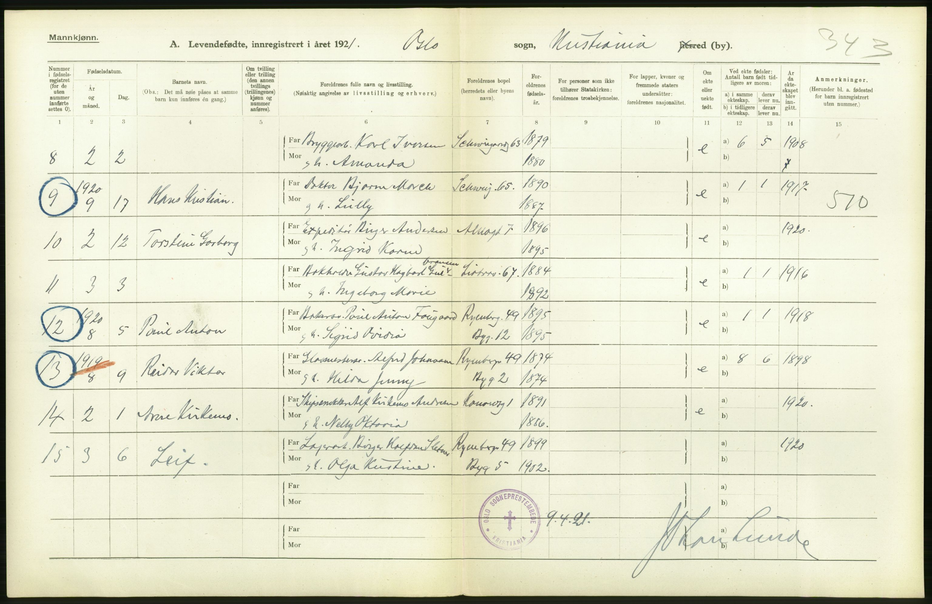 Statistisk sentralbyrå, Sosiodemografiske emner, Befolkning, RA/S-2228/D/Df/Dfc/Dfca/L0009: Kristiania: Levendefødte menn og kvinner., 1921, s. 204