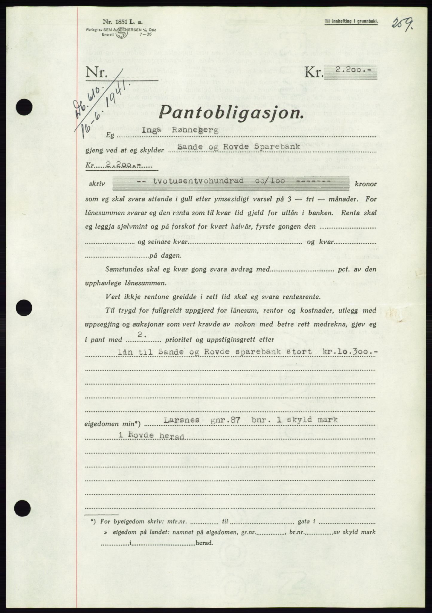 Søre Sunnmøre sorenskriveri, AV/SAT-A-4122/1/2/2C/L0071: Pantebok nr. 65, 1941-1941, Dagboknr: 610/1941