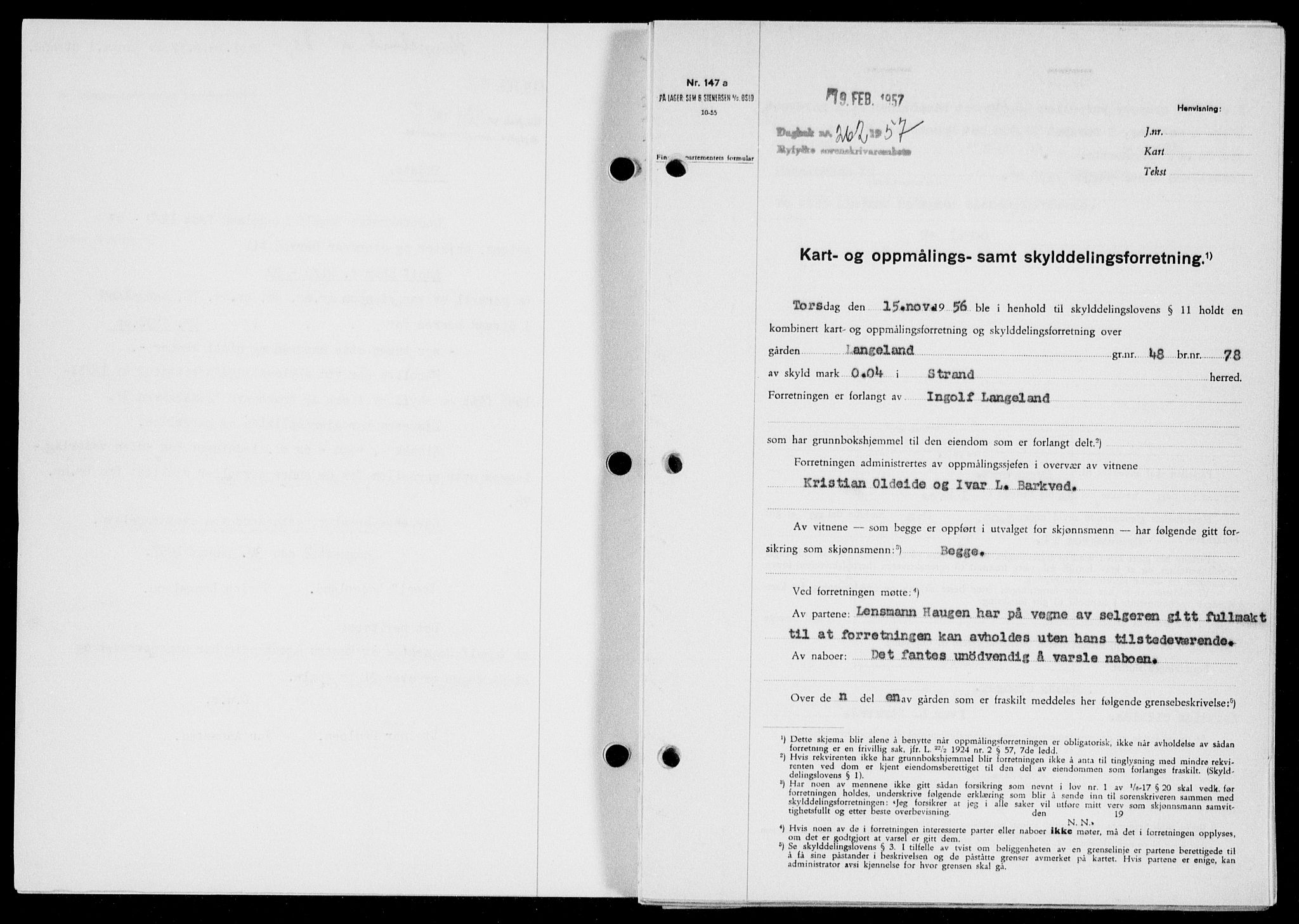 Ryfylke tingrett, SAST/A-100055/001/II/IIB/L0135: Pantebok nr. 114, 1956-1957, Dagboknr: 262/1957