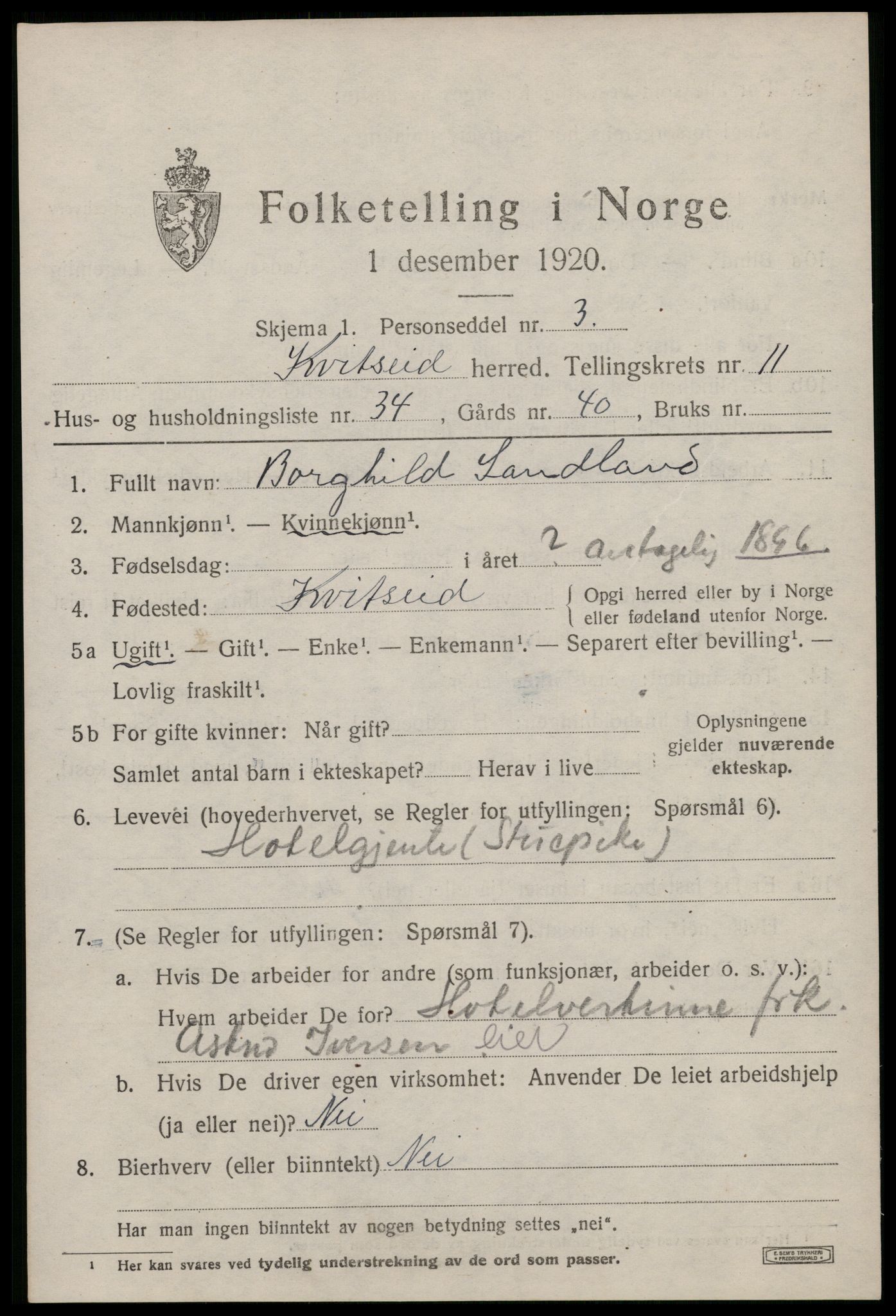 SAKO, Folketelling 1920 for 0829 Kviteseid herred, 1920, s. 5641