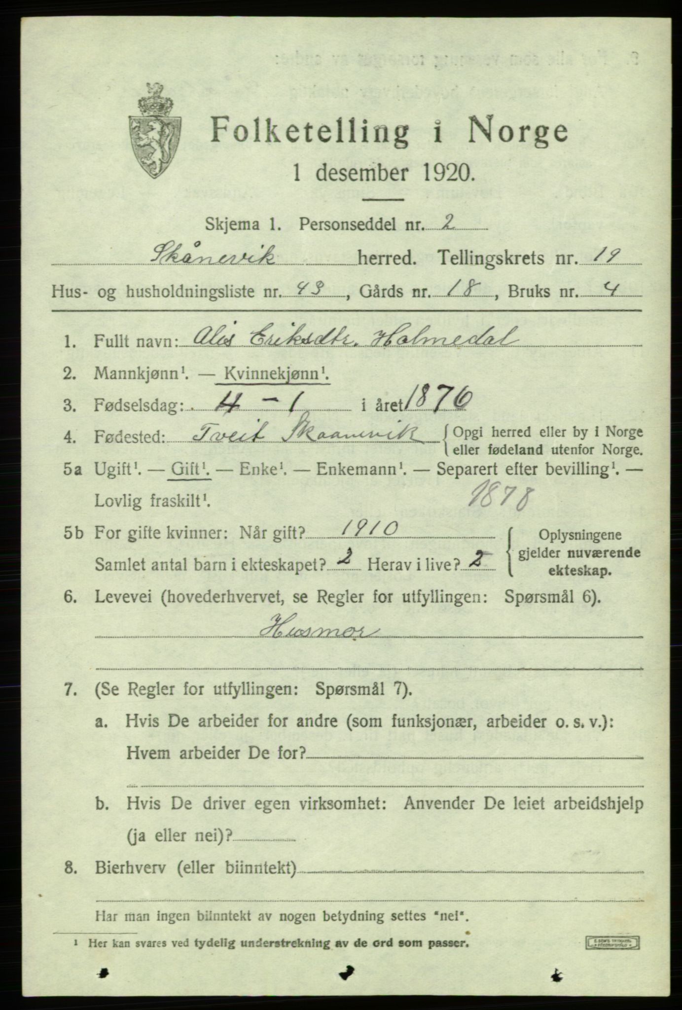 SAB, Folketelling 1920 for 1212 Skånevik herred, 1920, s. 7421