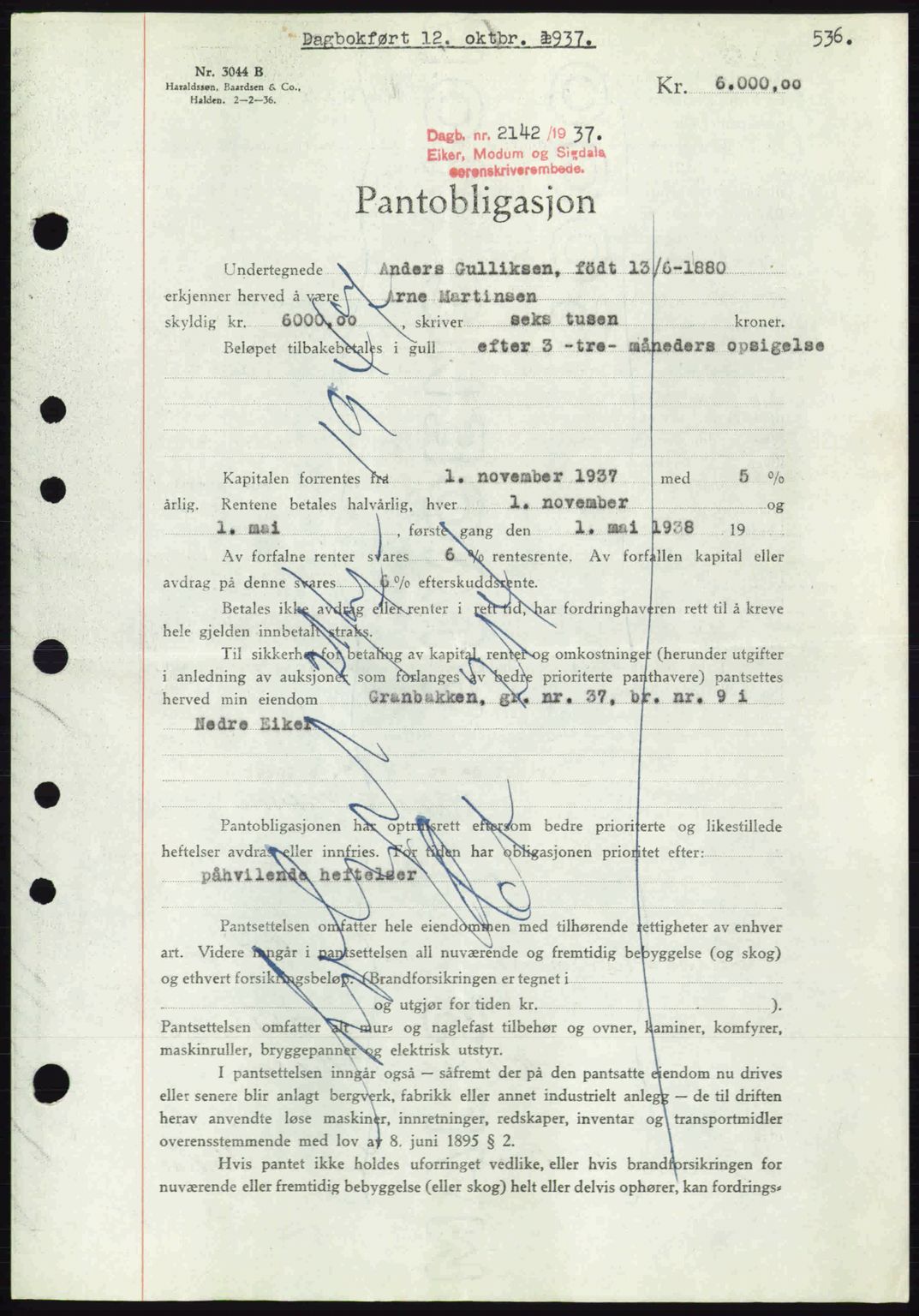 Eiker, Modum og Sigdal sorenskriveri, SAKO/A-123/G/Ga/Gab/L0036: Pantebok nr. A6, 1937-1937, Dagboknr: 2142/1937