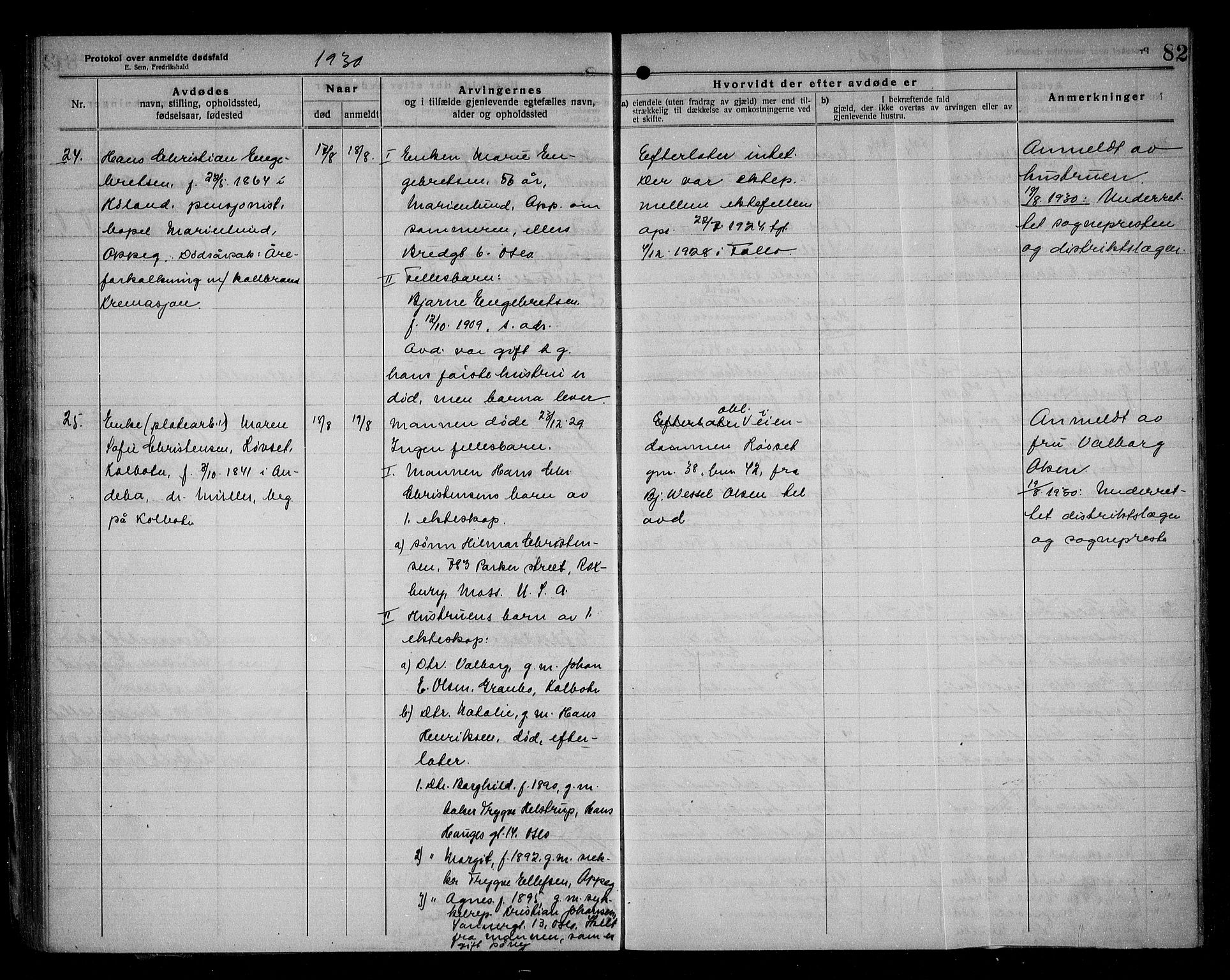 Oppegård lensmannskontor, SAO/A-10186/H/Ha/L0001: Dødsfallsprotokoll, 1922-1936, s. 82