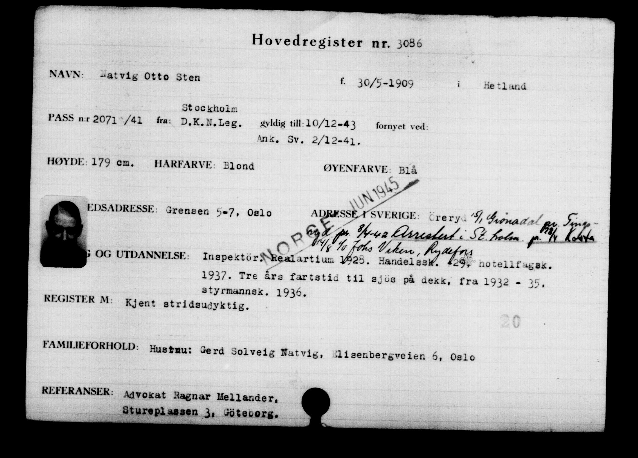 Utenriksstasjonene, Legasjonen i Stockholm, Flyktningkontoret, AV/RA-S-6753/V/Va/L0003: Kjesäterkartoteket, flyktninger med registreringsnr. 2001-3495, 1940-1945, s. 1515