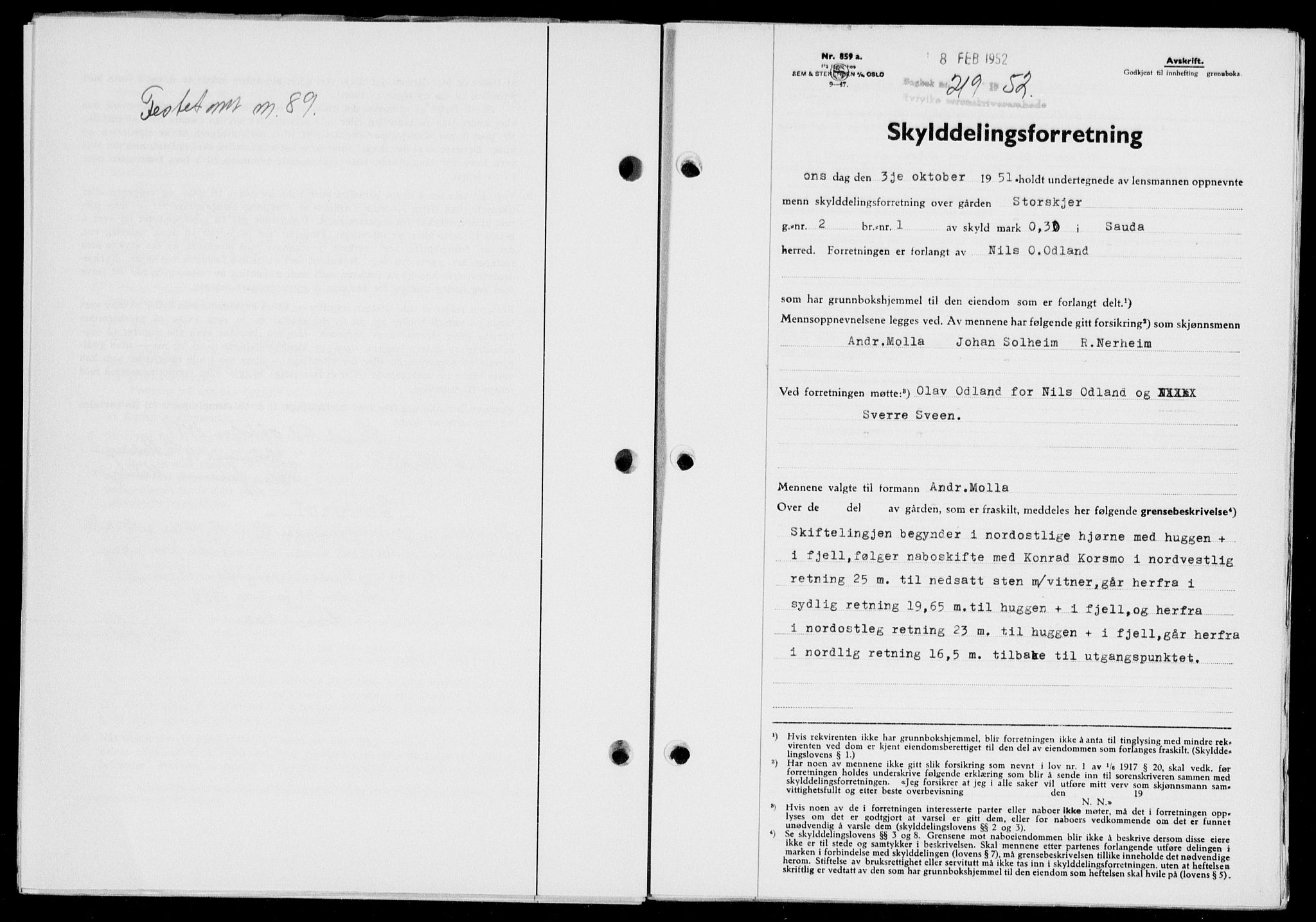 Ryfylke tingrett, SAST/A-100055/001/II/IIB/L0116: Pantebok nr. 95, 1951-1952, Dagboknr: 219/1952