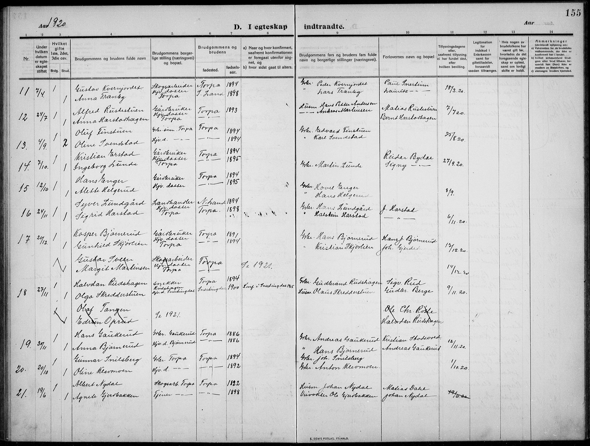 Nordre Land prestekontor, AV/SAH-PREST-124/H/Ha/Hab/L0002: Klokkerbok nr. 2, 1909-1934, s. 155