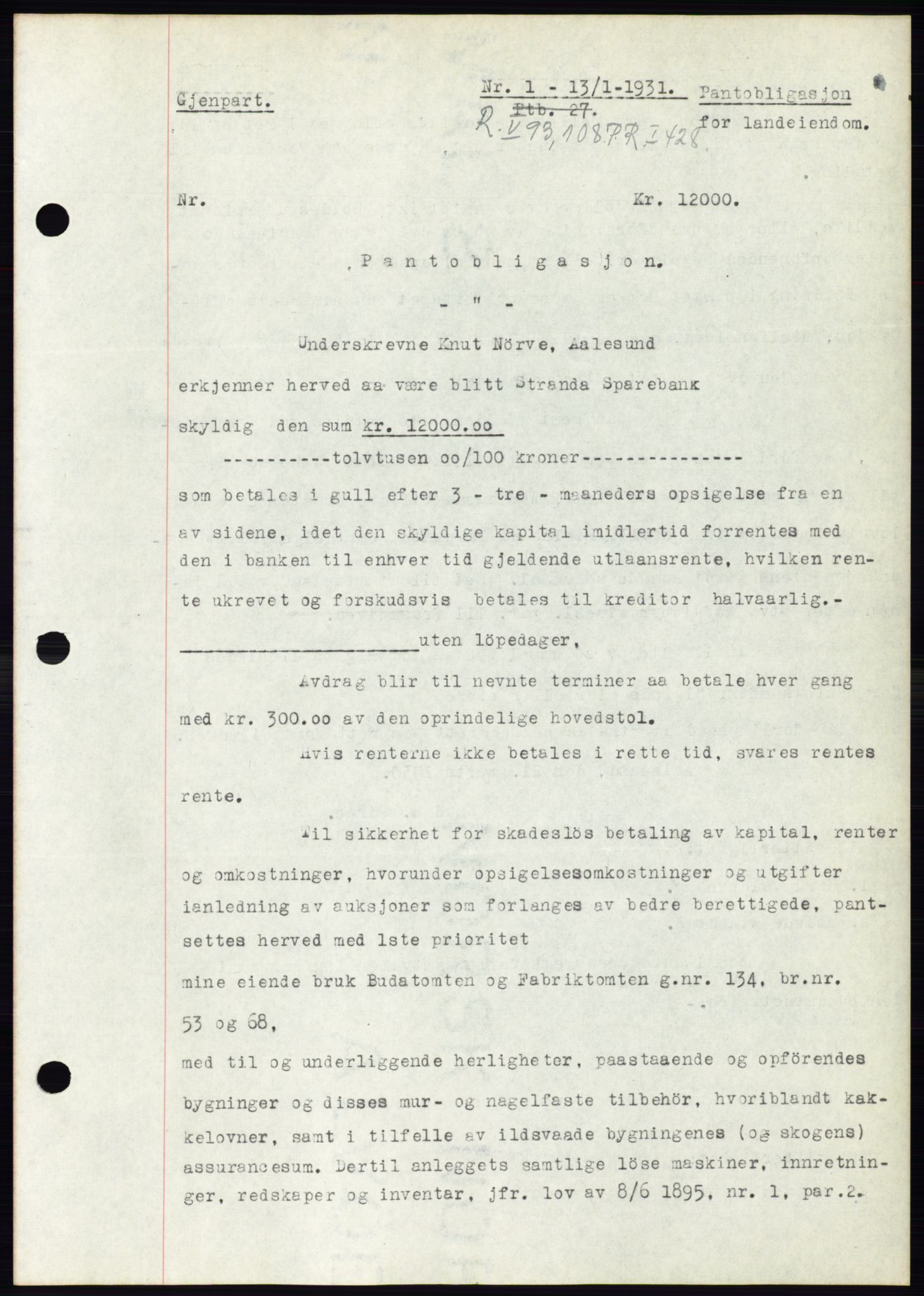 Ålesund byfogd, SAT/A-4384: Pantebok nr. 27, 1930-1931, Tingl.dato: 13.01.1931