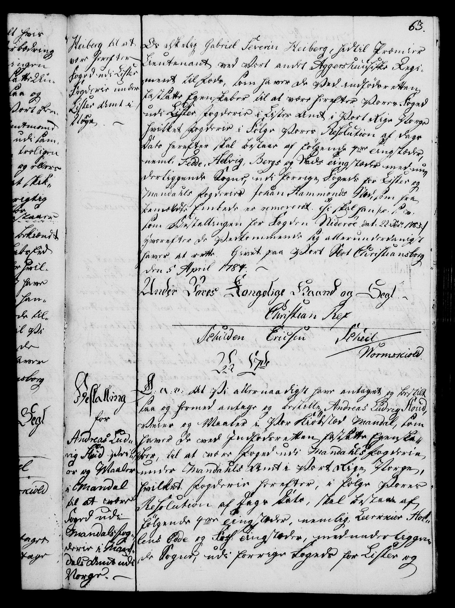 Rentekammeret, Kammerkanselliet, AV/RA-EA-3111/G/Gg/Gge/L0006: Norsk bestallingsprotokoll med register (merket RK 53.30), 1773-1814, s. 63