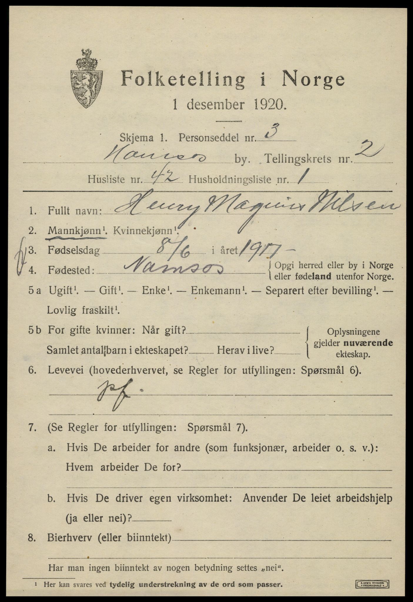 SAT, Folketelling 1920 for 1703 Namsos ladested, 1920, s. 3705