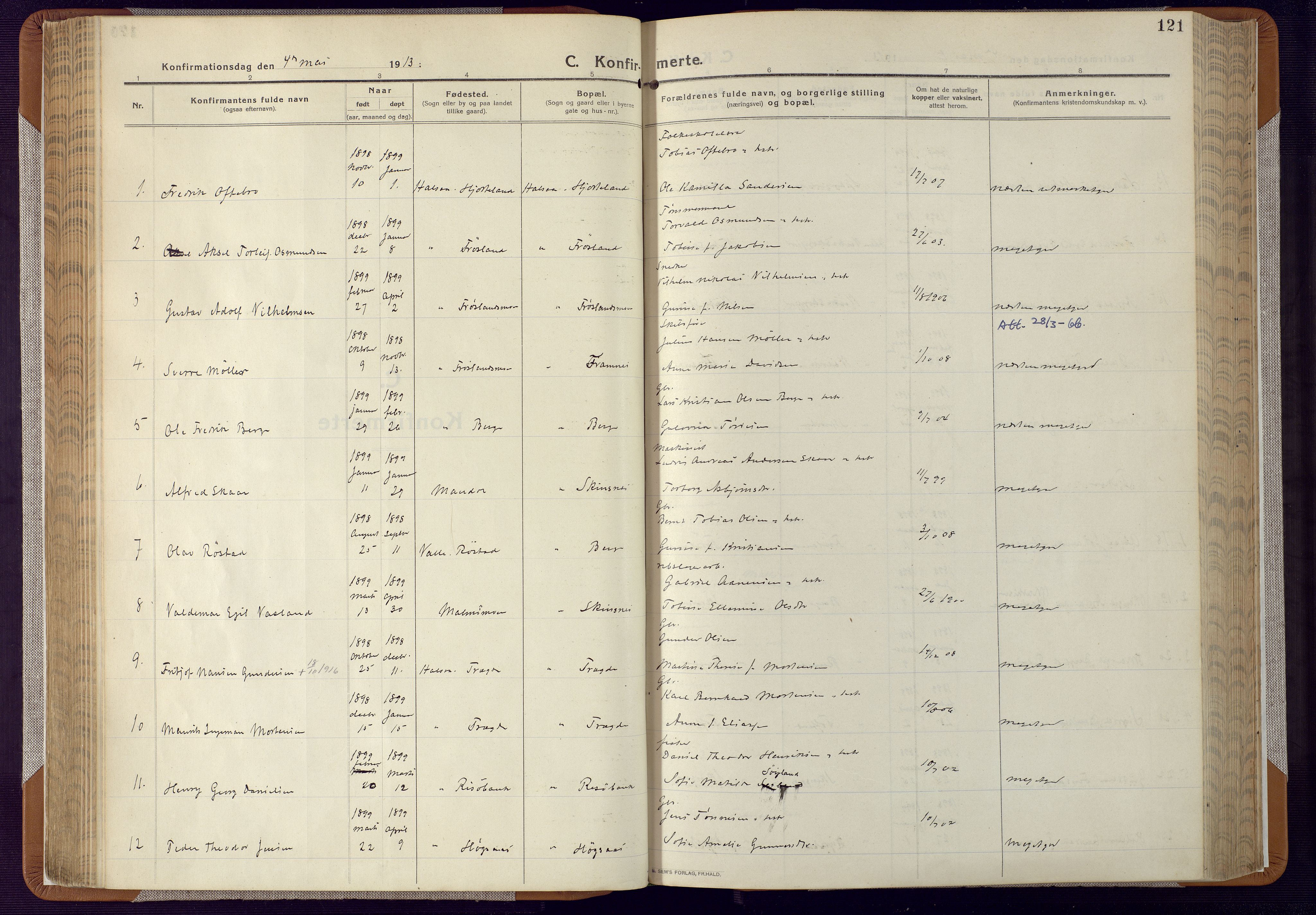Mandal sokneprestkontor, SAK/1111-0030/F/Fa/Faa/L0022: Ministerialbok nr. A 22, 1913-1925, s. 121