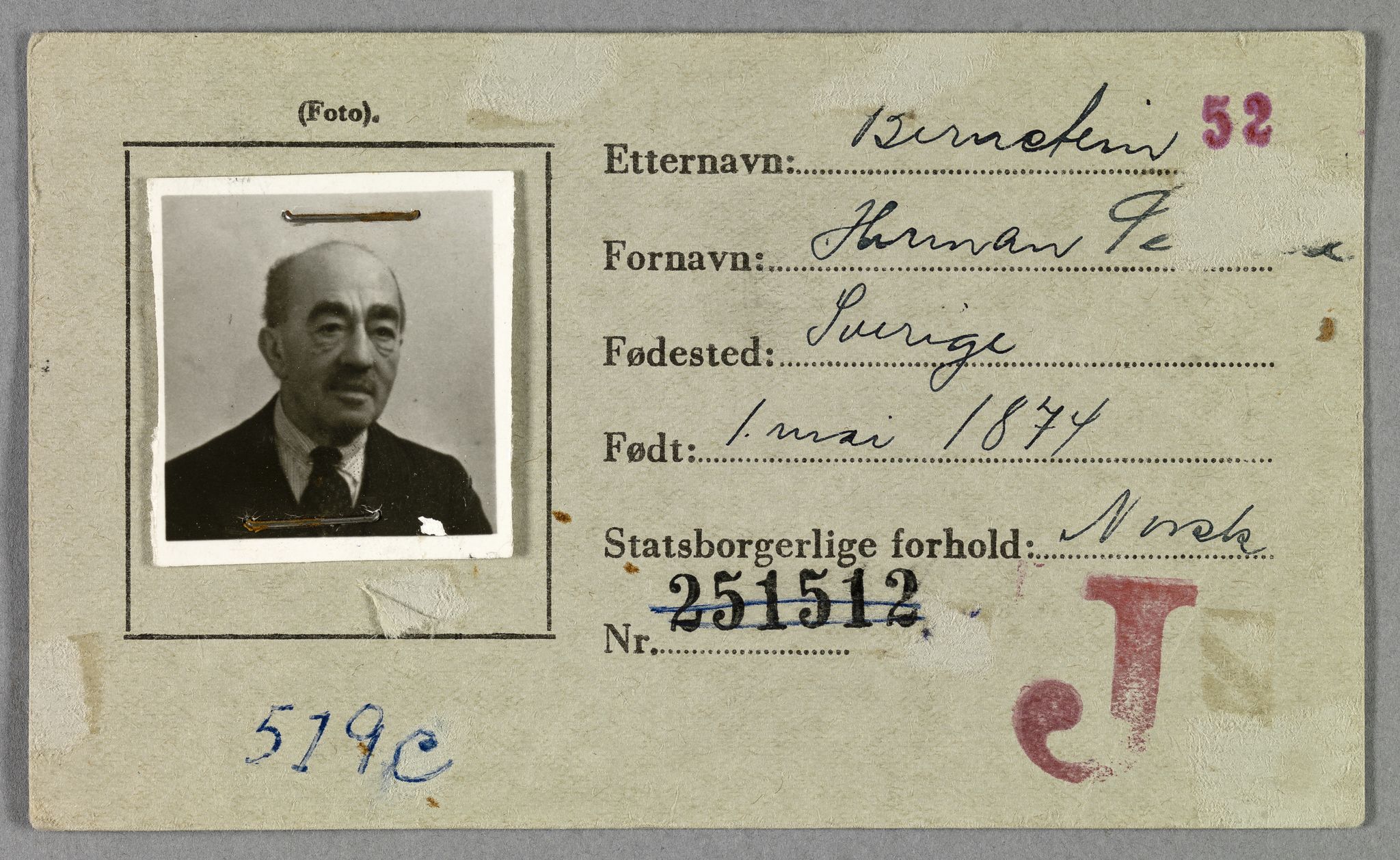 Sosialdepartementet, Våre Falne, AV/RA-S-1708/E/Ee/Eea/L0021A: Legitimasjonskort med fotografier for jøder, 1941-1942, s. 35