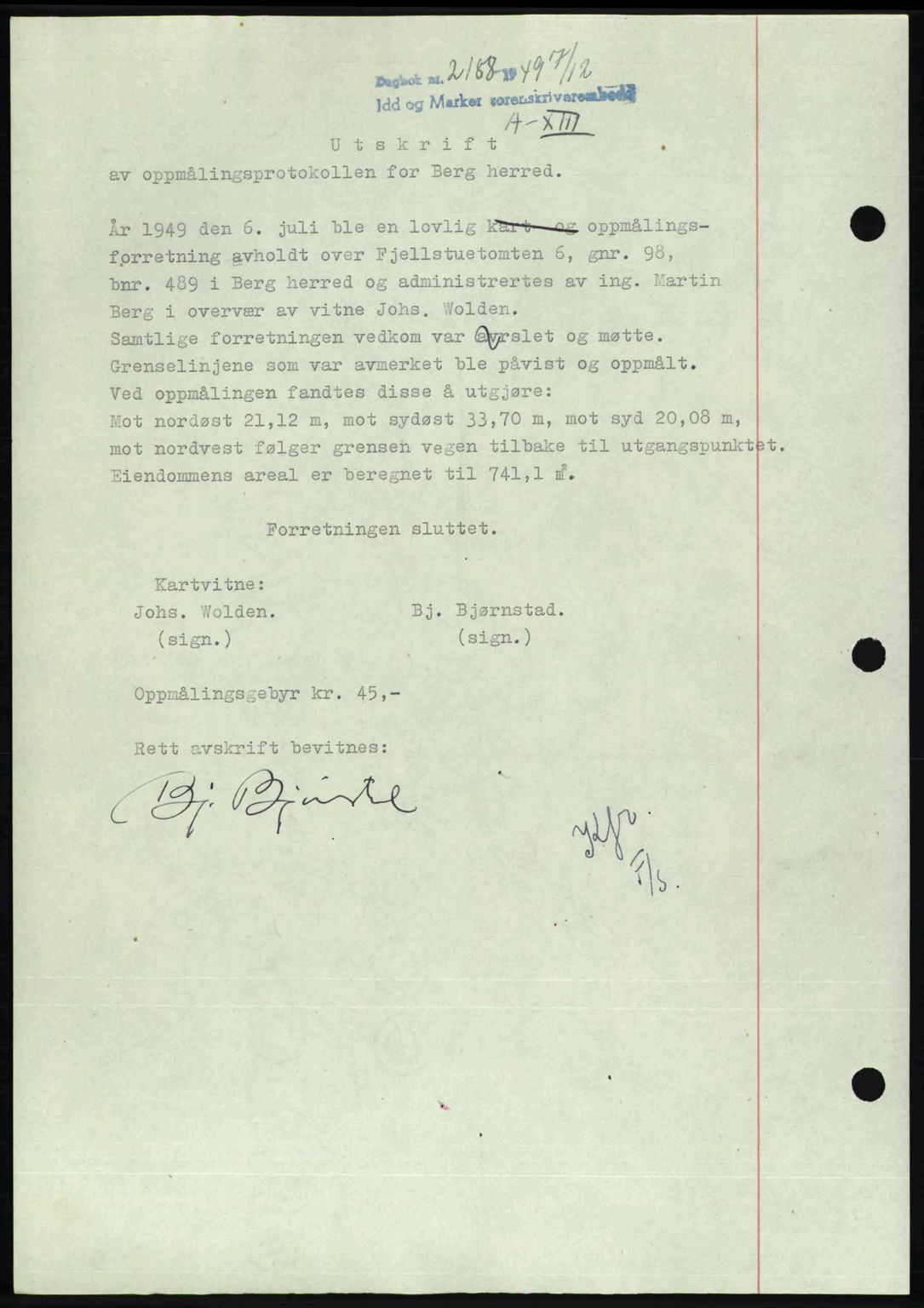 Idd og Marker sorenskriveri, AV/SAO-A-10283/G/Gb/Gbb/L0013: Pantebok nr. A13, 1949-1950, Dagboknr: 2188/1949