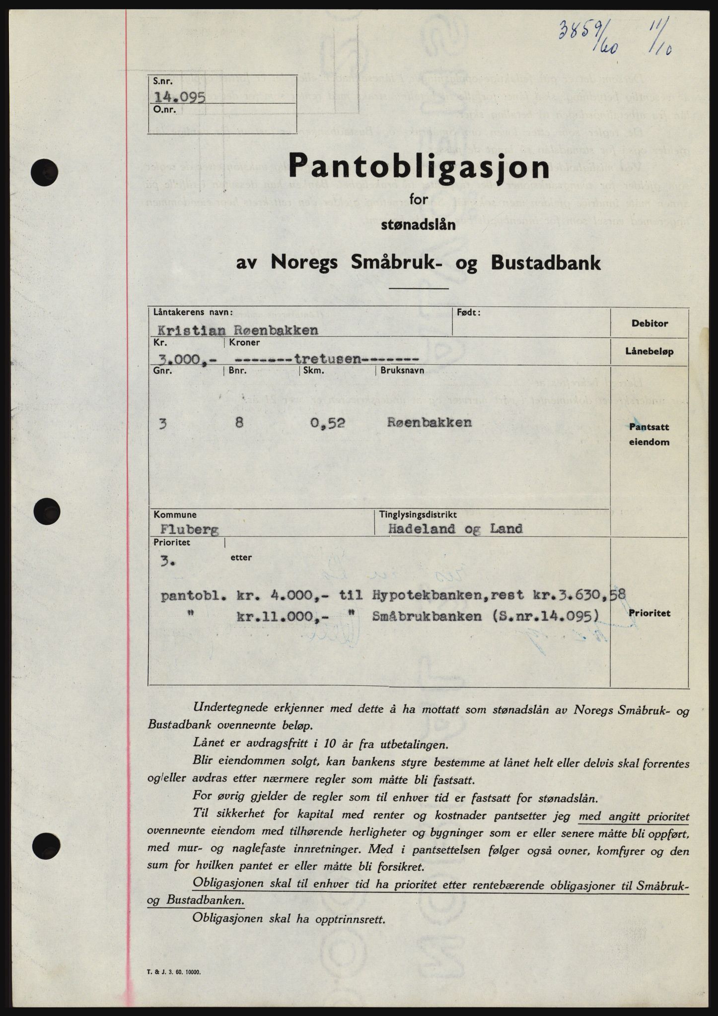 Hadeland og Land tingrett, SAH/TING-010/H/Hb/Hbc/L0044: Pantebok nr. B44, 1960-1961, Dagboknr: 3859/1960