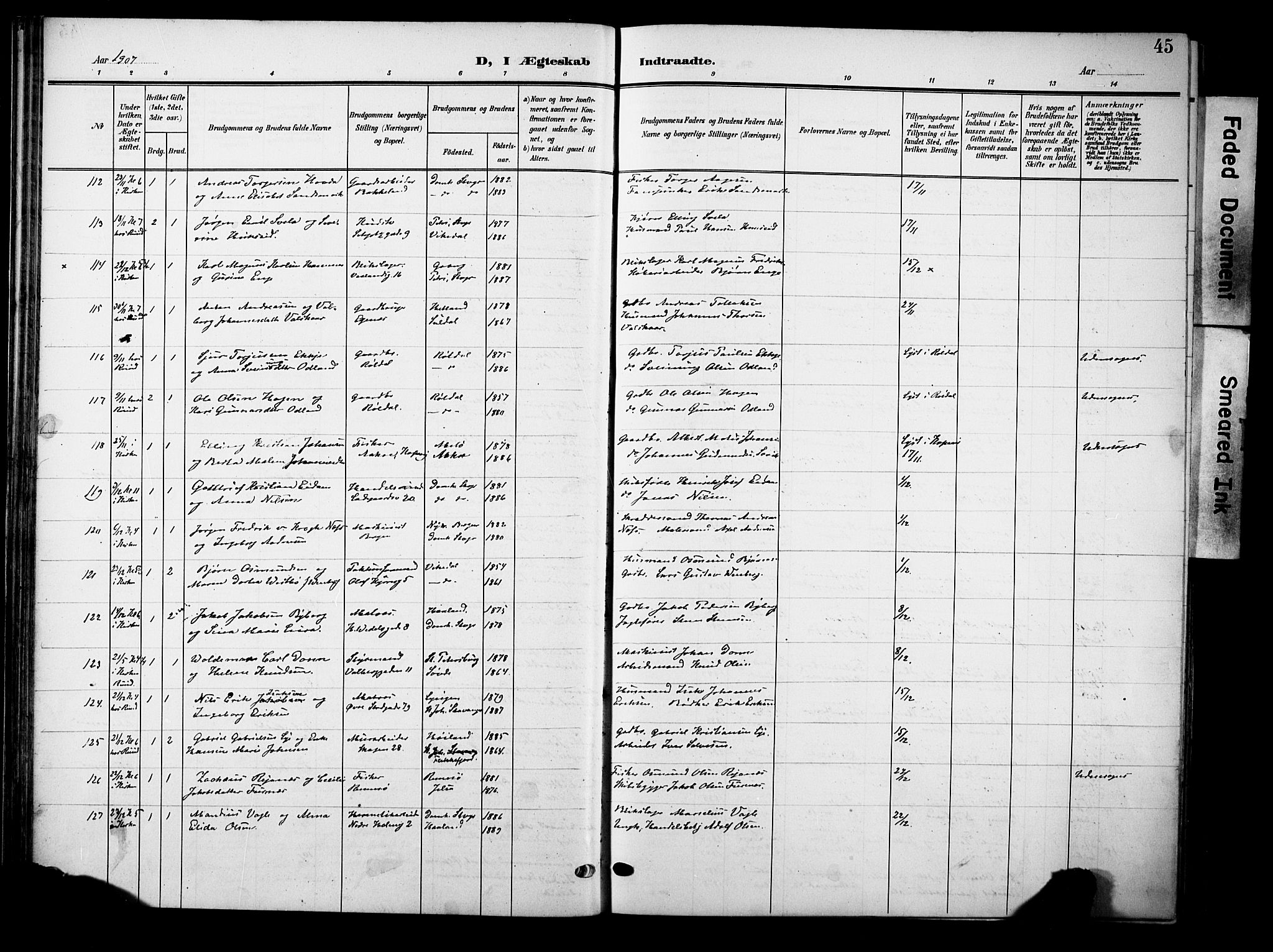 Domkirken sokneprestkontor, AV/SAST-A-101812/001/30/30BB/L0017: Klokkerbok nr. B 17, 1902-1921, s. 45