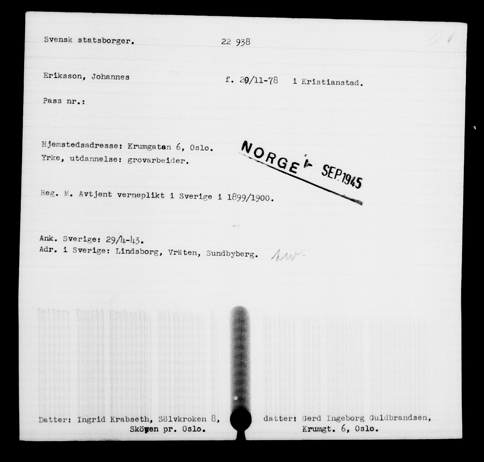 Utenriksstasjonene, Legasjonen i Stockholm, Flyktningkontoret, AV/RA-S-6753/V/Va/L0010: Kjesäterkartoteket, flyktninger med registreringsnr. 22000-25314, 1940-1945, s. 1016