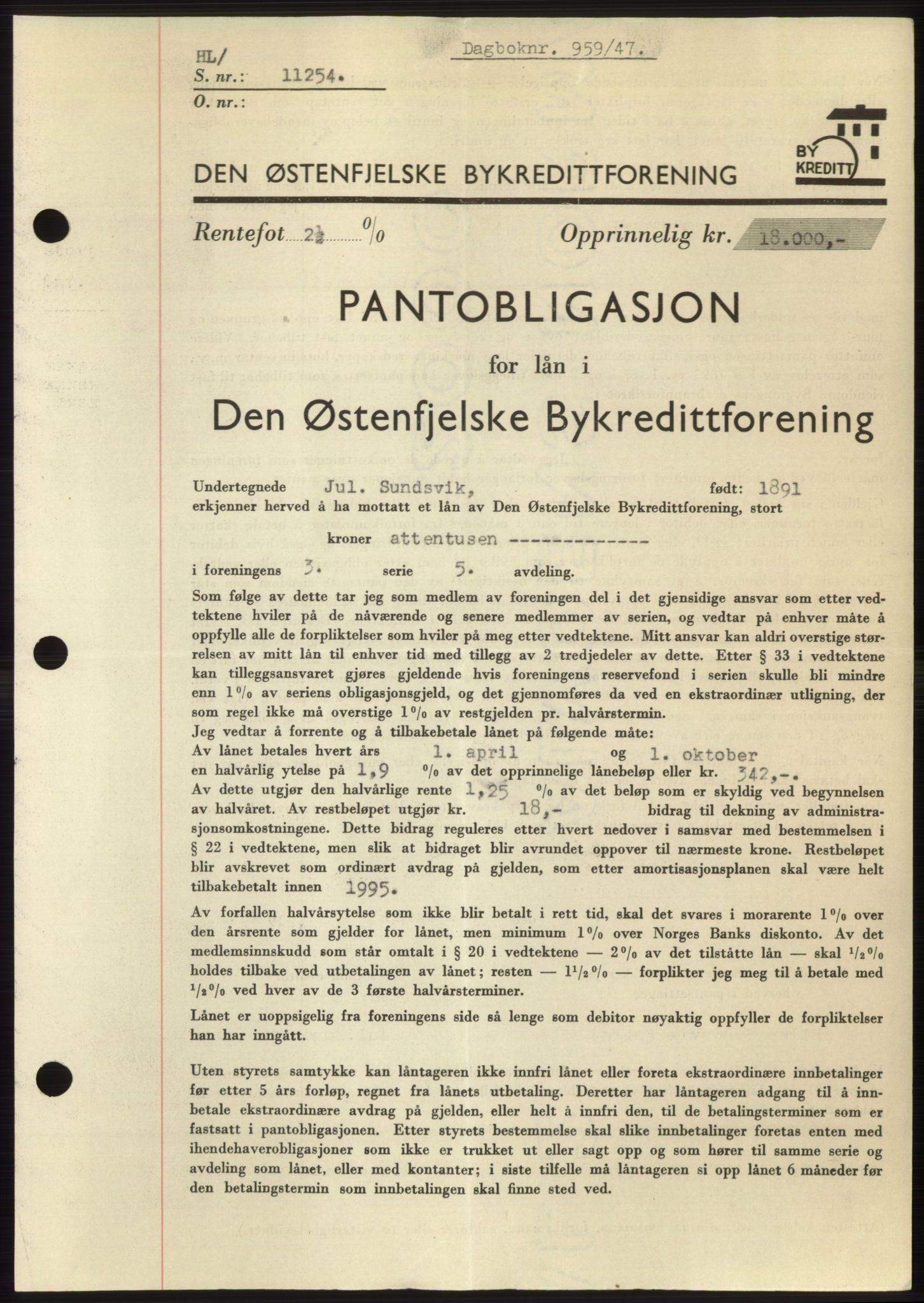 Moss sorenskriveri, SAO/A-10168: Pantebok nr. B17, 1947-1947, Dagboknr: 959/1947