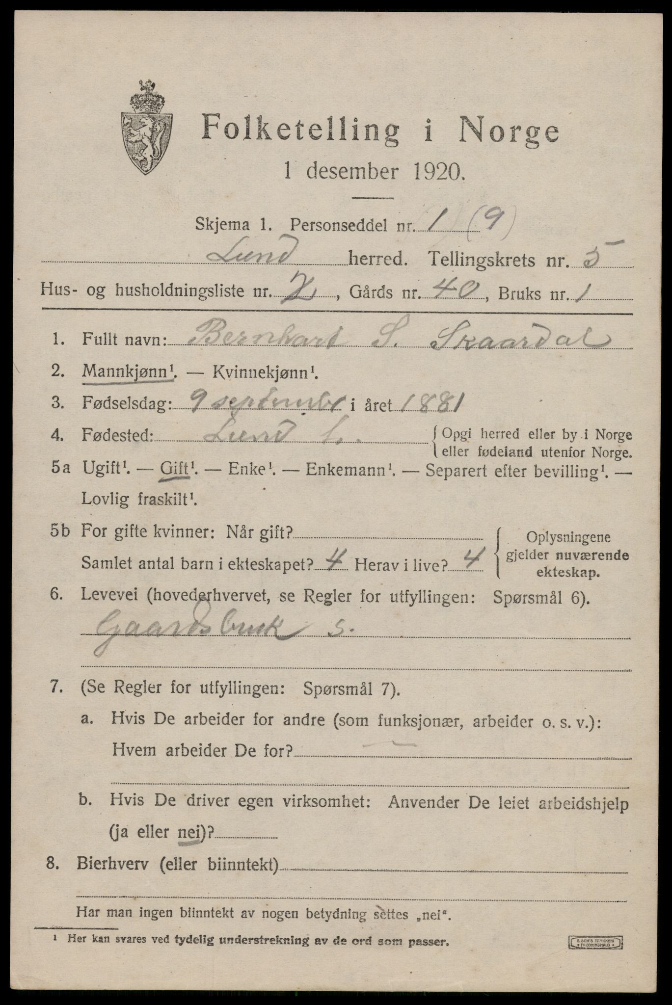 SAST, Folketelling 1920 for 1112 Lund herred, 1920, s. 3148