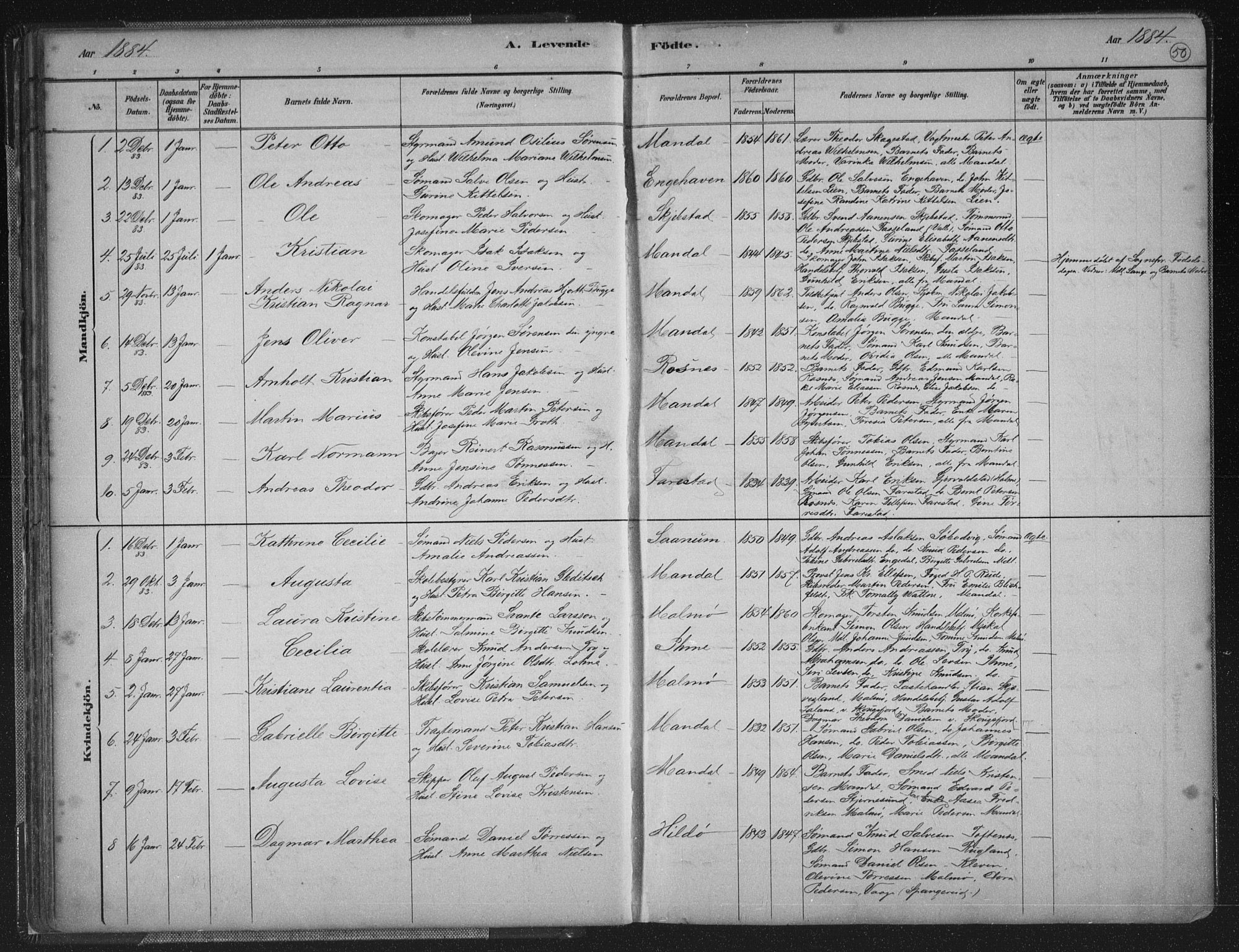 Mandal sokneprestkontor, AV/SAK-1111-0030/F/Fb/Fba/L0011: Klokkerbok nr. B 5, 1880-1898, s. 50