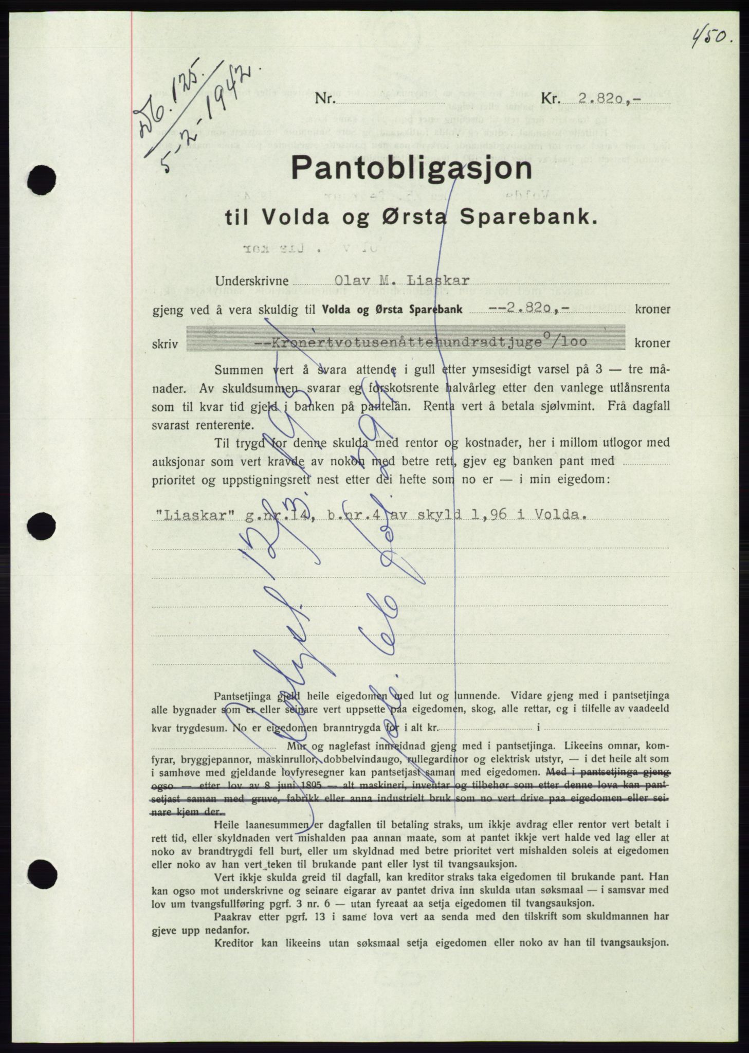 Søre Sunnmøre sorenskriveri, SAT/A-4122/1/2/2C/L0074: Pantebok nr. 68, 1942-1943, Dagboknr: 125/1943