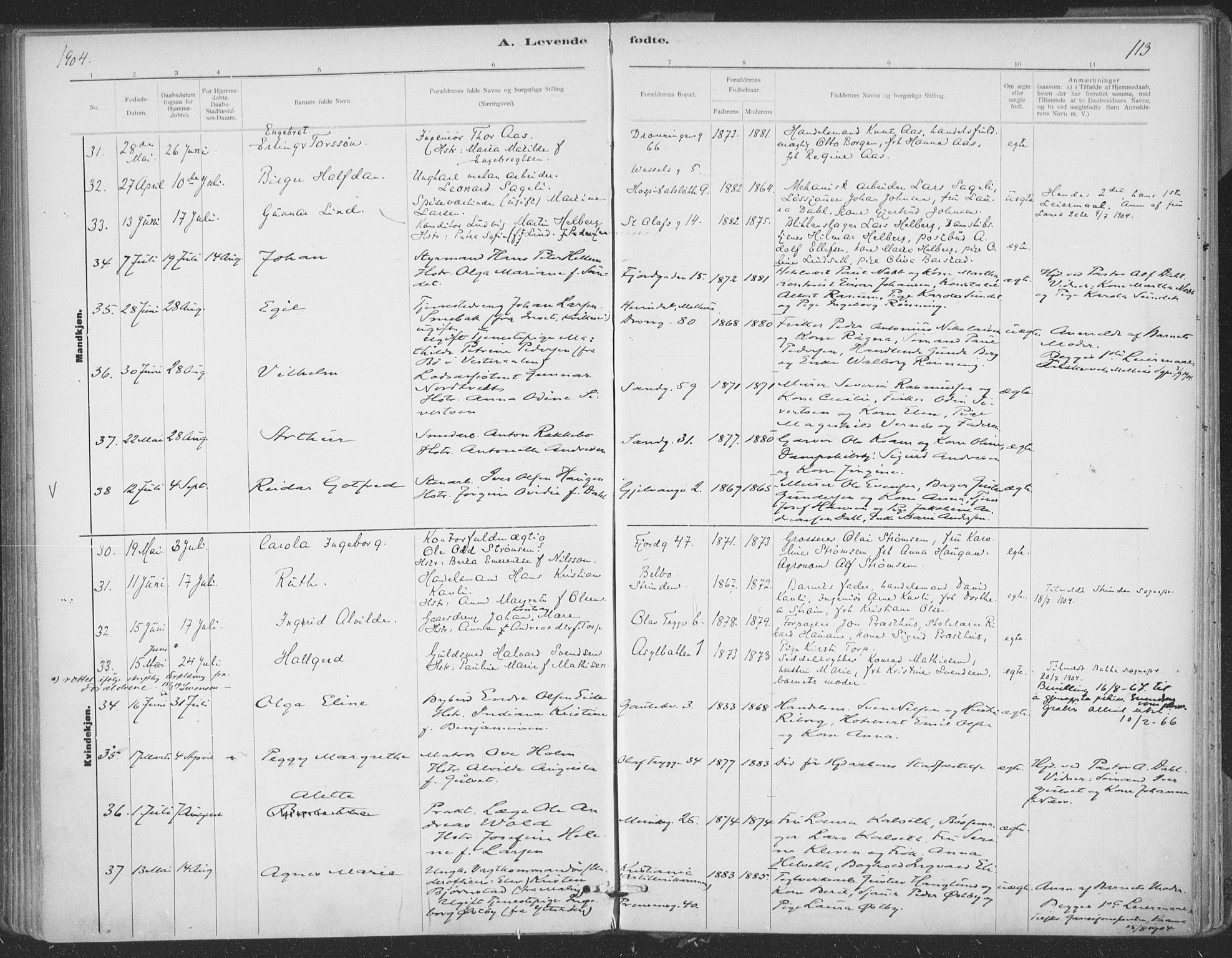 Ministerialprotokoller, klokkerbøker og fødselsregistre - Sør-Trøndelag, SAT/A-1456/602/L0122: Ministerialbok nr. 602A20, 1892-1908, s. 113