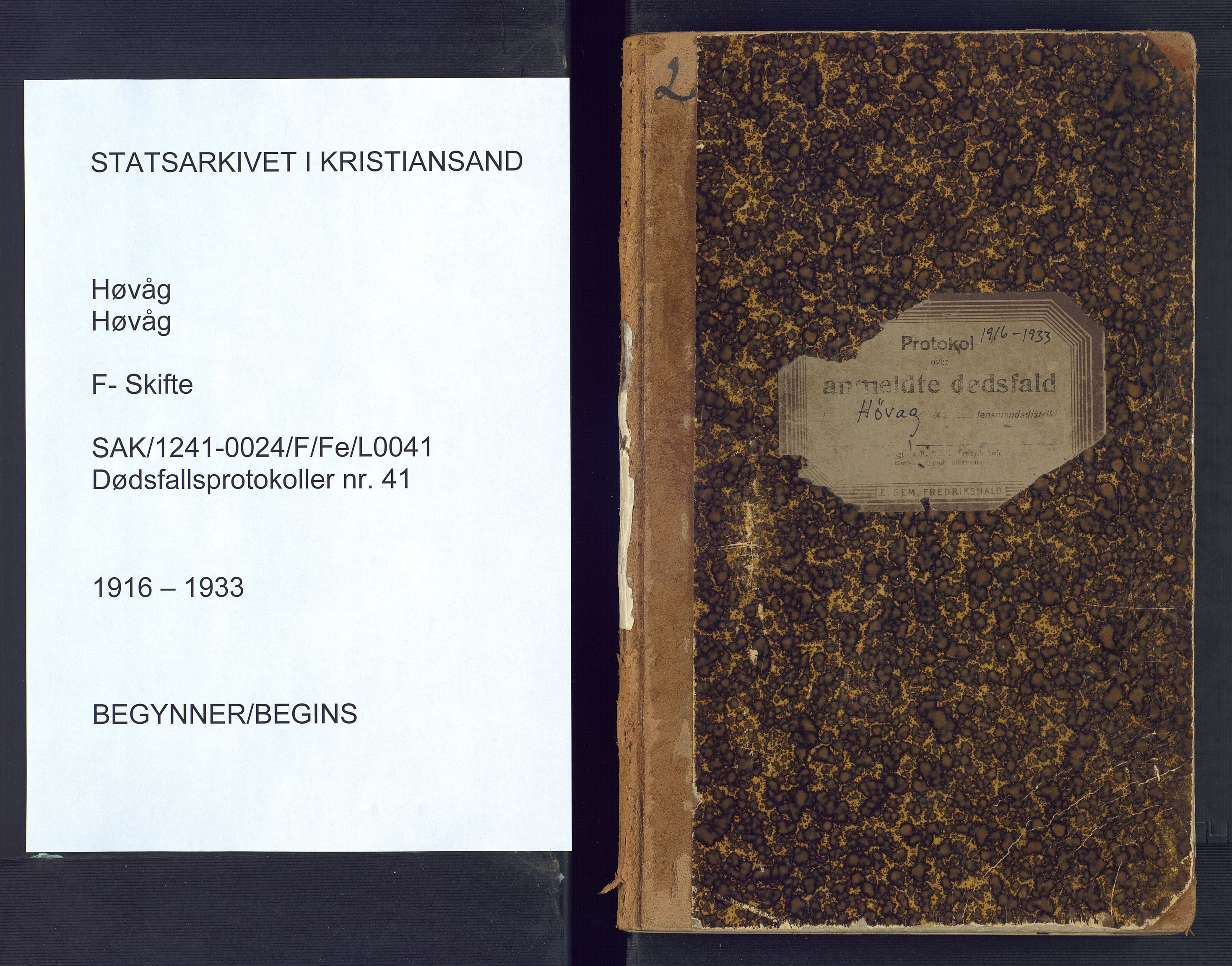 Høvåg lensmannskontor, AV/SAK-1241-0024/F/Fe/L0041: Protokoll over anmeldte dødsfall, 1916-1933