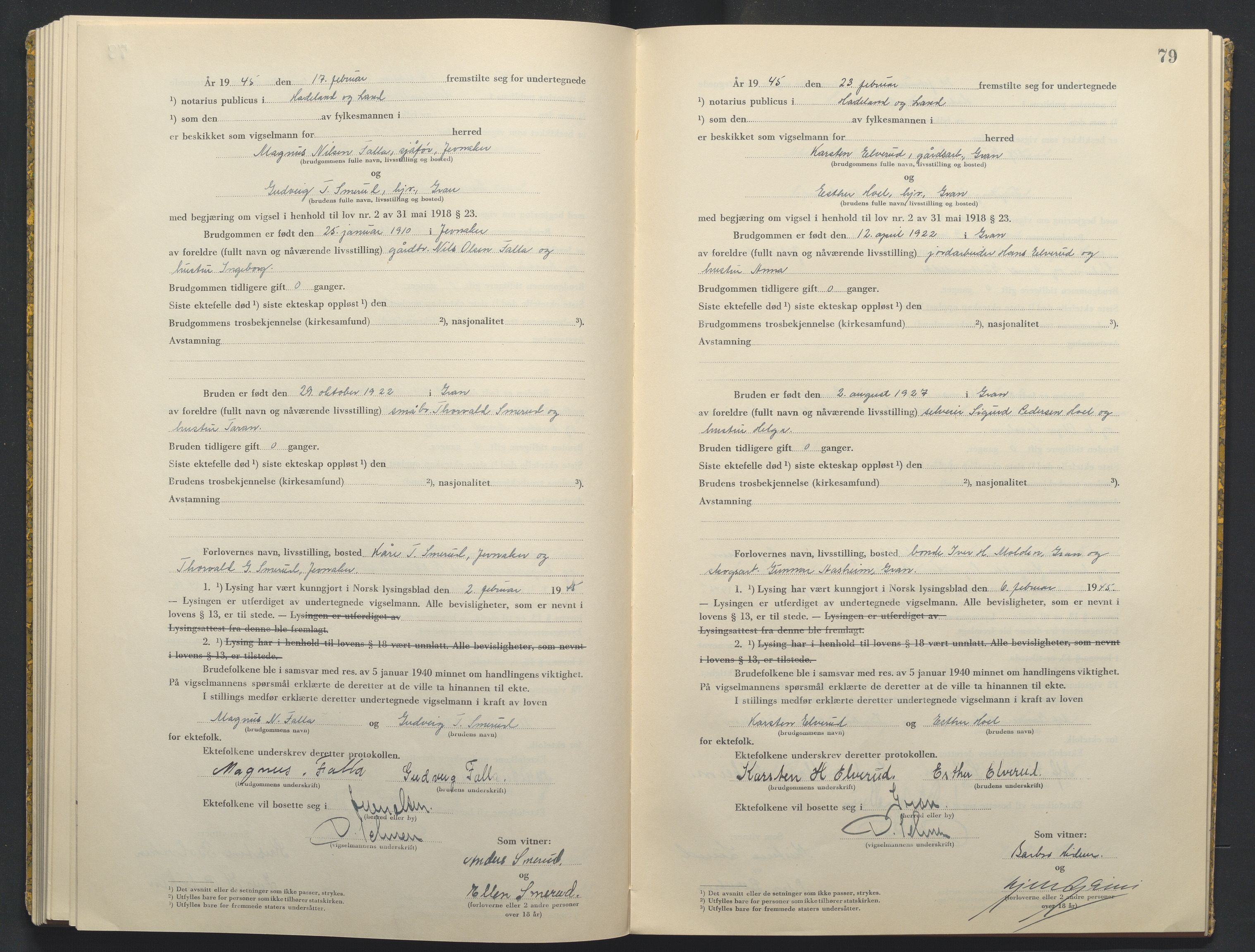 Hadeland og Land tingrett, AV/SAH-TING-010/L/Lb/L0003: Vigselbok, 1944-1946, s. 79