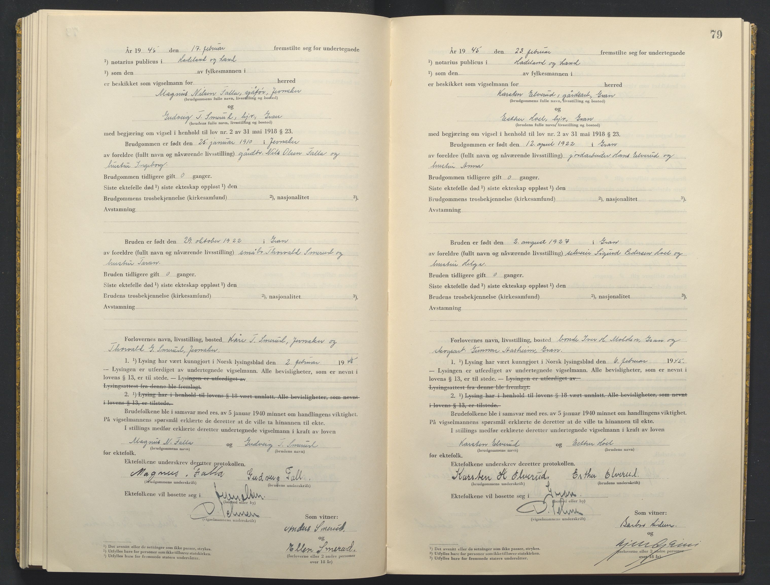 Hadeland og Land tingrett, AV/SAH-TING-010/L/Lb/L0003: Vigselbok, 1944-1946, s. 79