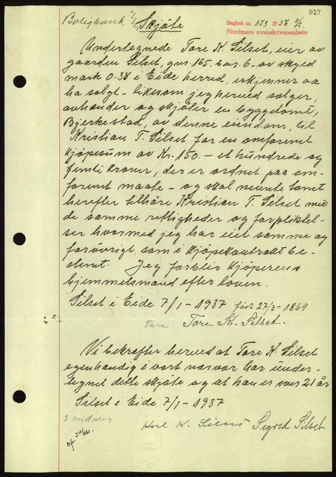 Nordmøre sorenskriveri, SAT/A-4132/1/2/2Ca: Pantebok nr. A80, 1936-1937, Dagboknr: 373/1937