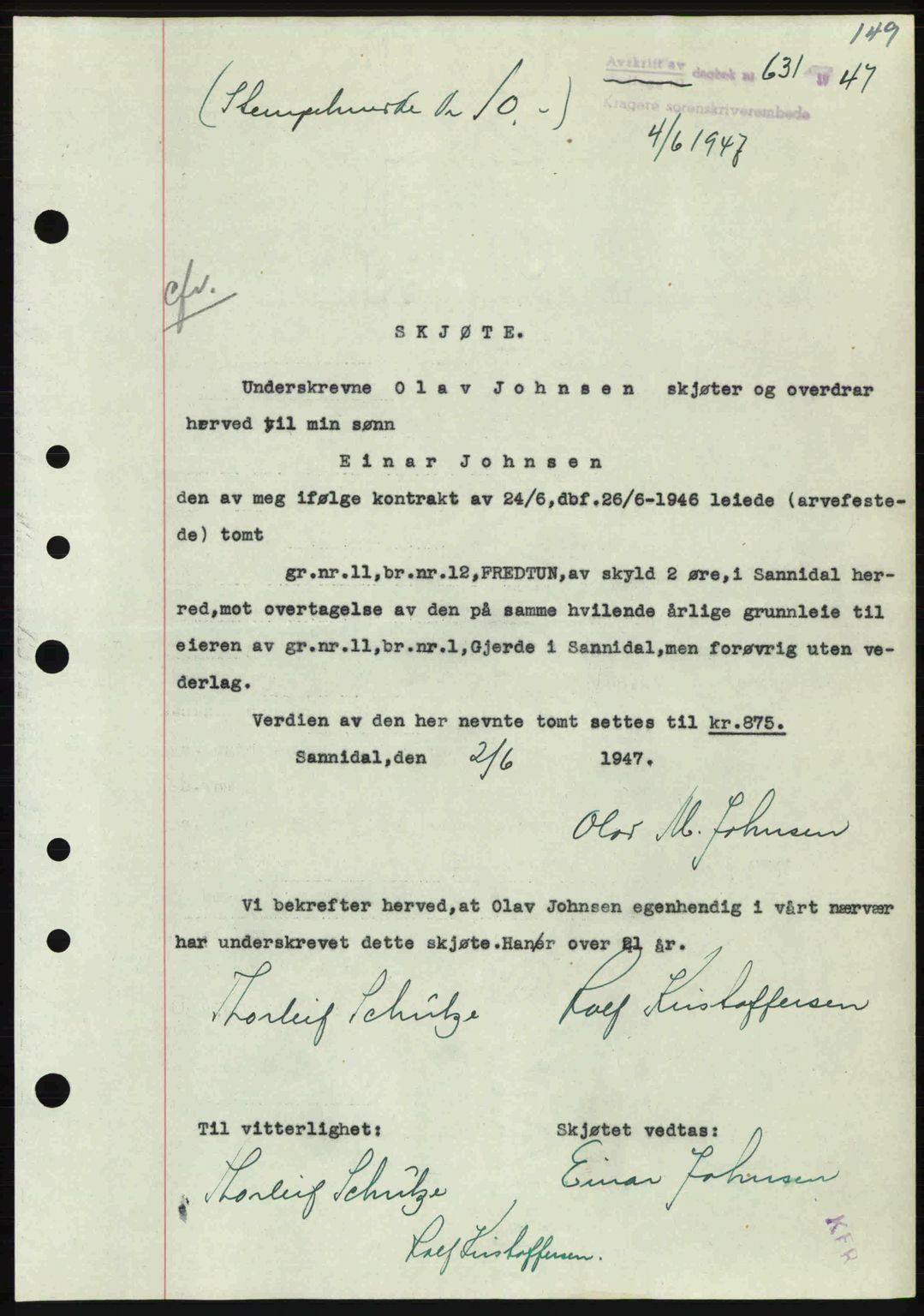 Kragerø sorenskriveri, SAKO/A-65/G/Ga/Gab/L0061: Pantebok nr. A-61, 1947-1947, Dagboknr: 631/1947