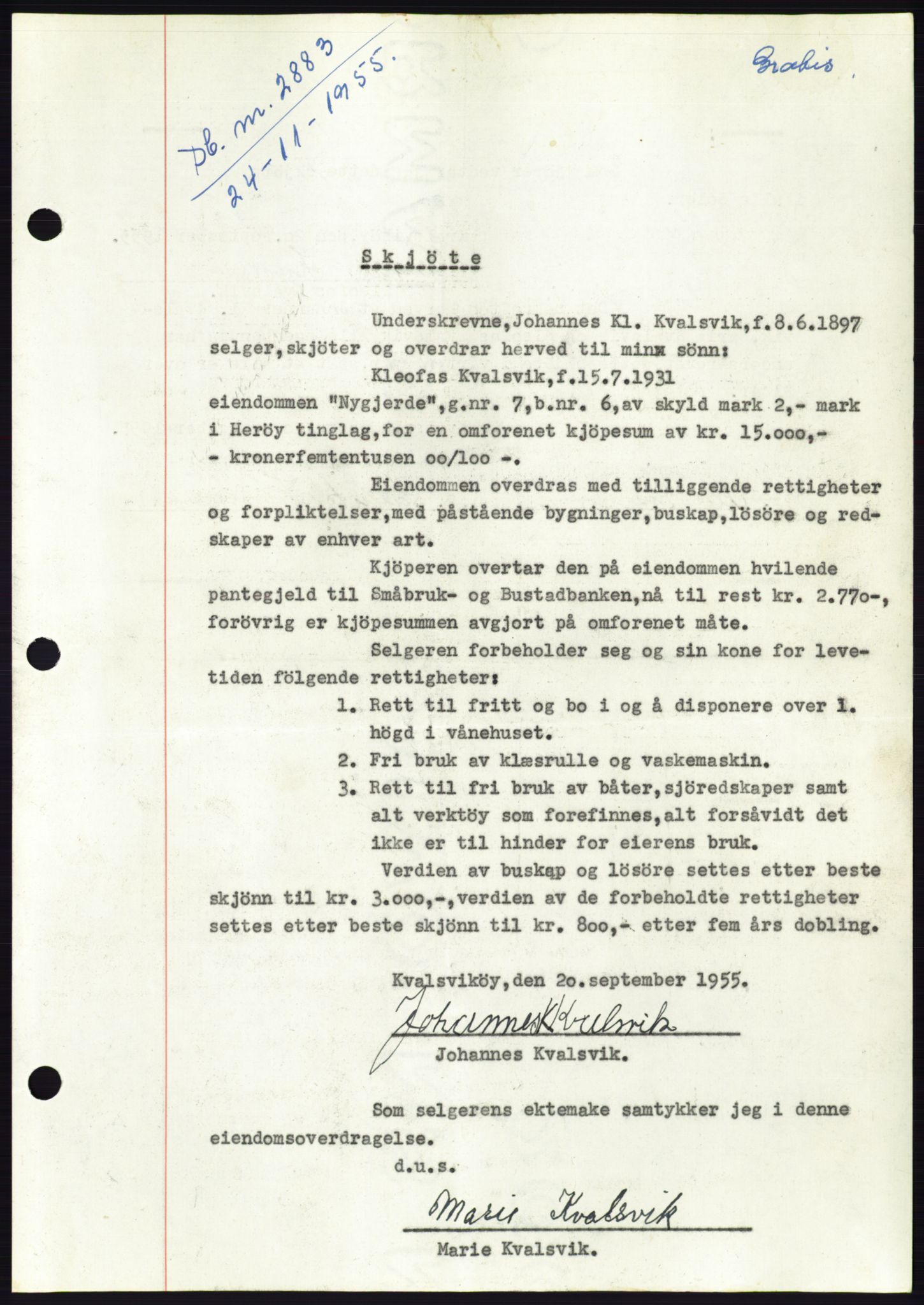 Søre Sunnmøre sorenskriveri, AV/SAT-A-4122/1/2/2C/L0102: Pantebok nr. 28A, 1955-1956, Dagboknr: 2883/1955