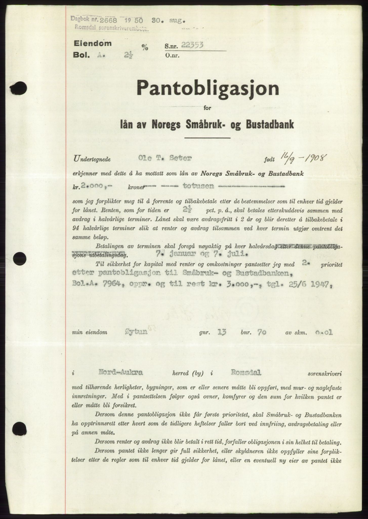 Romsdal sorenskriveri, AV/SAT-A-4149/1/2/2C: Pantebok nr. B5, 1949-1950, Dagboknr: 2668/1950