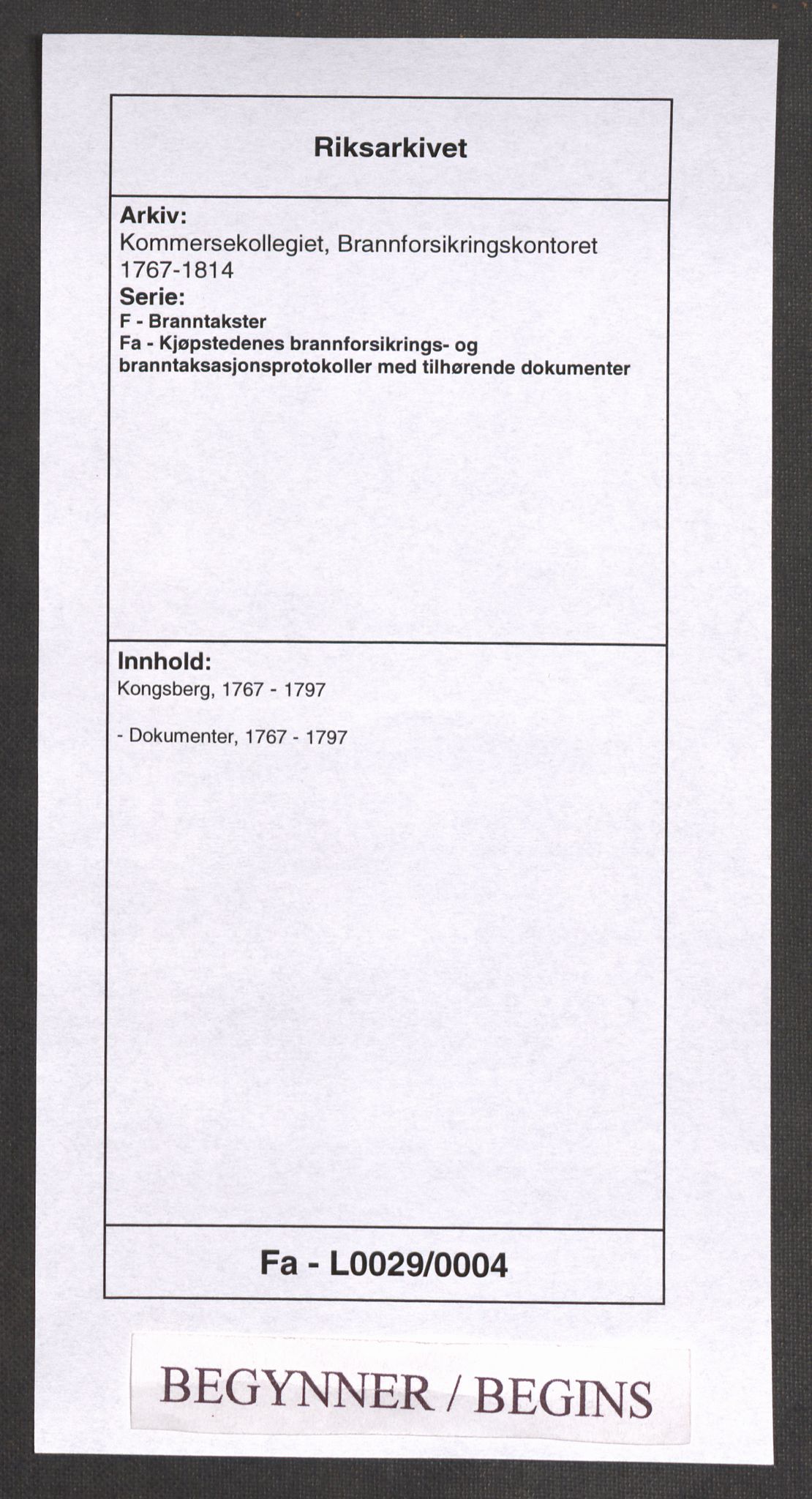 Kommersekollegiet, Brannforsikringskontoret 1767-1814, RA/EA-5458/F/Fa/L0029/0004: Kongsberg / Dokumenter, 1767-1797