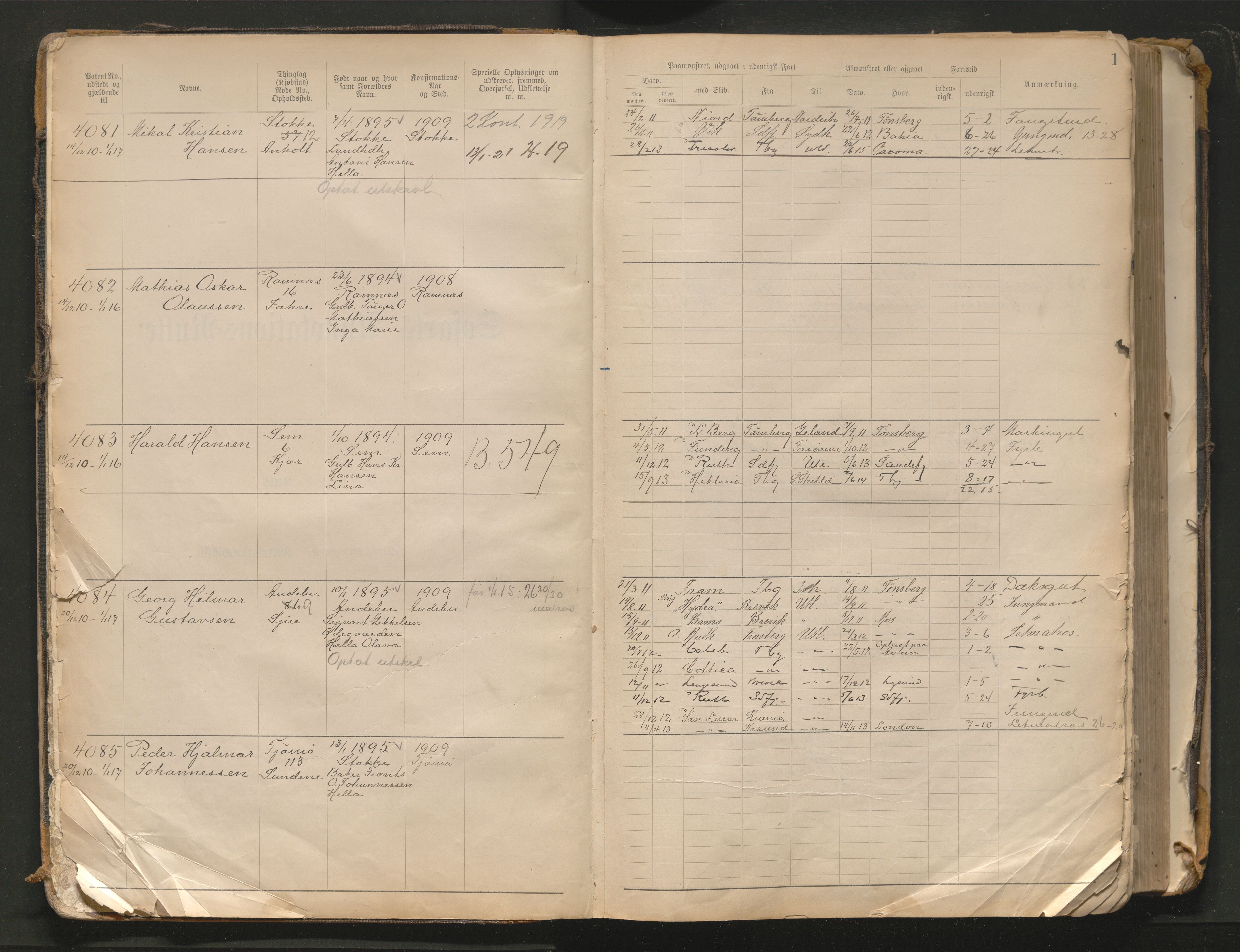 Tønsberg innrulleringskontor, AV/SAKO-A-786/F/Fb/L0010: Annotasjonsrulle Patent nr. 4081-4988, 1911-1948, s. 1