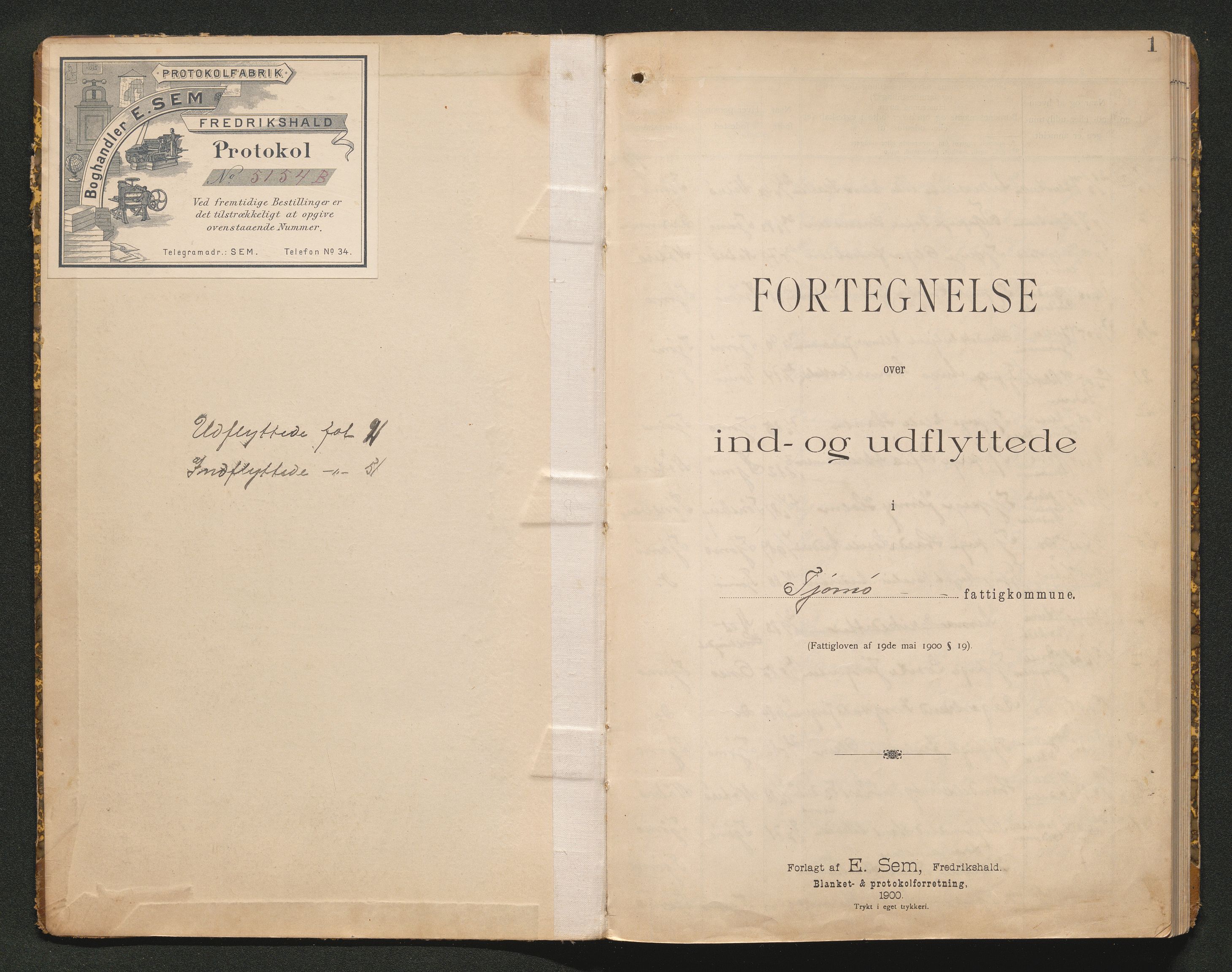 Tjøme lensmannskontor, SAKO/A-55/O/Oa/L0001: Protokoll over inn- og utflyttede, 1905-1913, s. 1