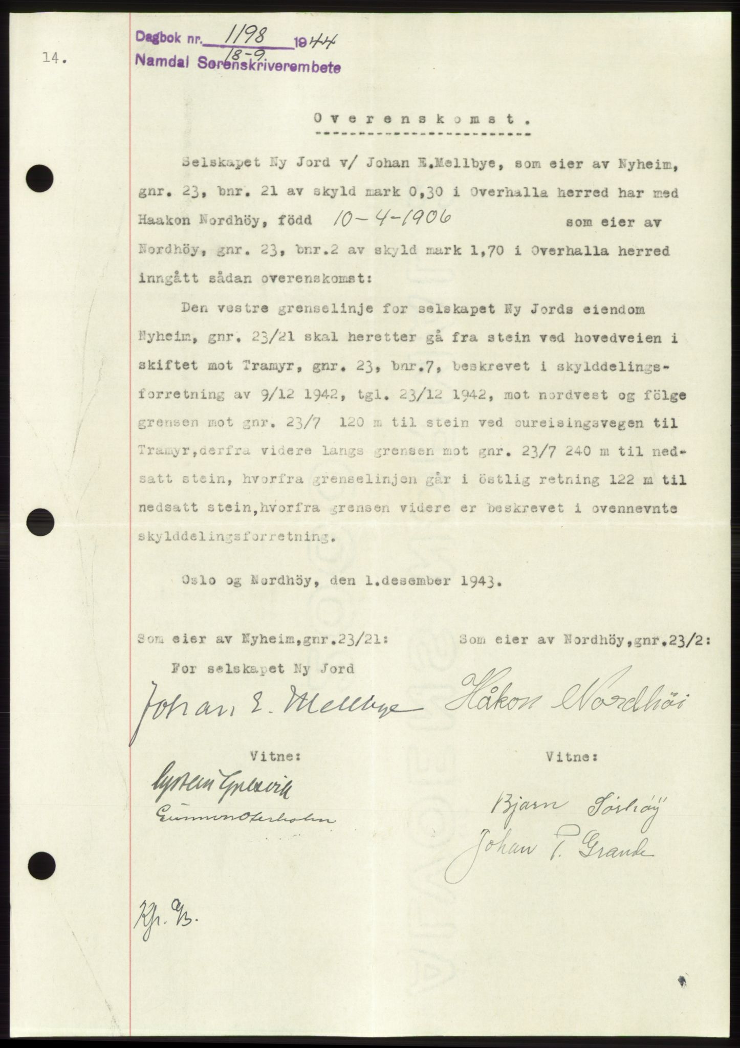 Namdal sorenskriveri, SAT/A-4133/1/2/2C: Pantebok nr. -, 1944-1945, Dagboknr: 1198/1944