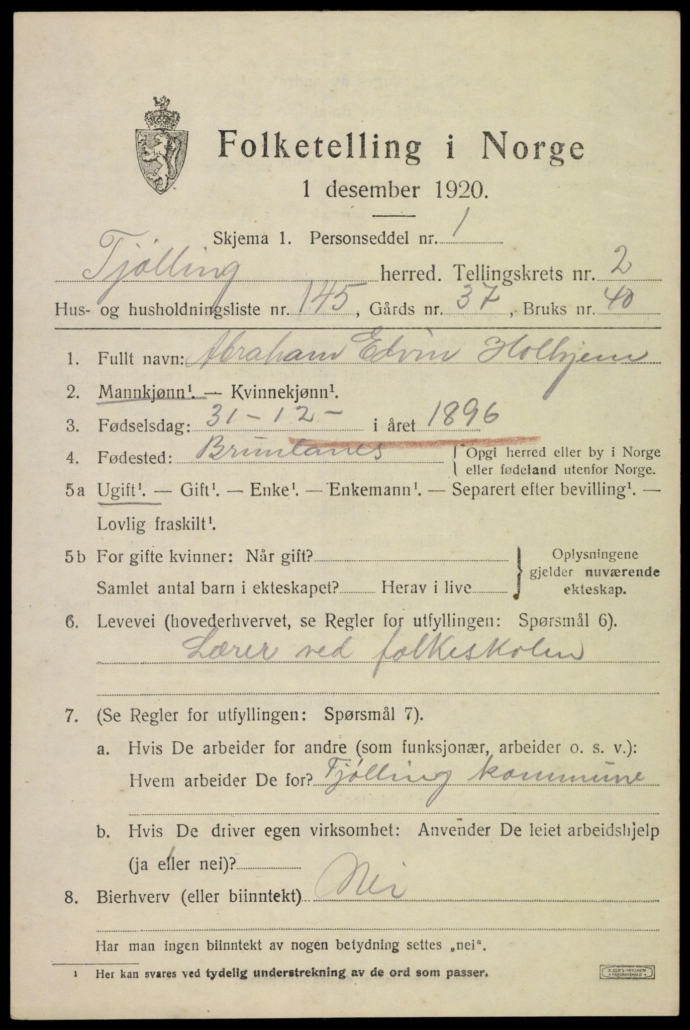 SAKO, Folketelling 1920 for 0725 Tjølling herred, 1920, s. 6913