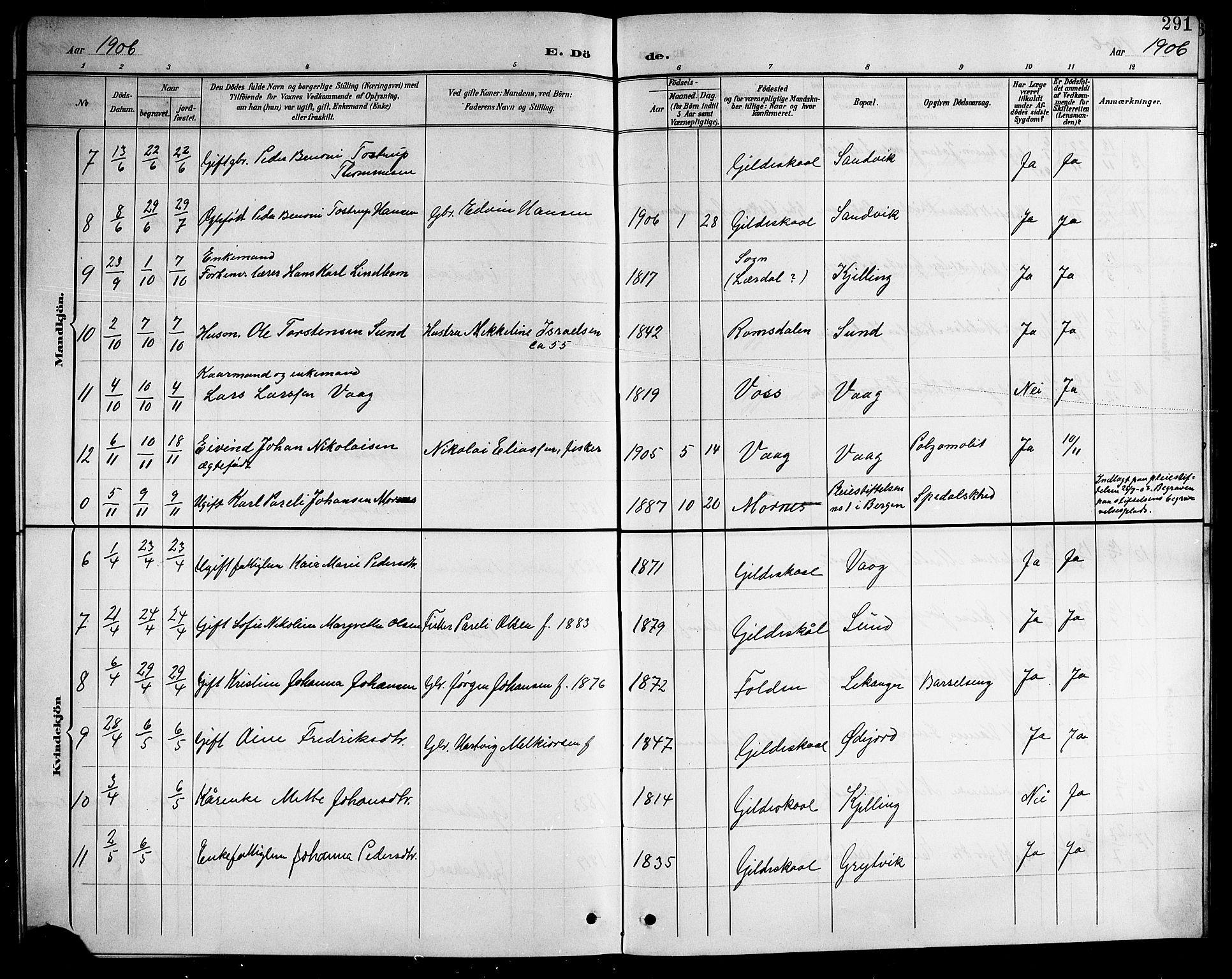 Ministerialprotokoller, klokkerbøker og fødselsregistre - Nordland, SAT/A-1459/805/L0109: Klokkerbok nr. 805C05, 1900-1911, s. 291