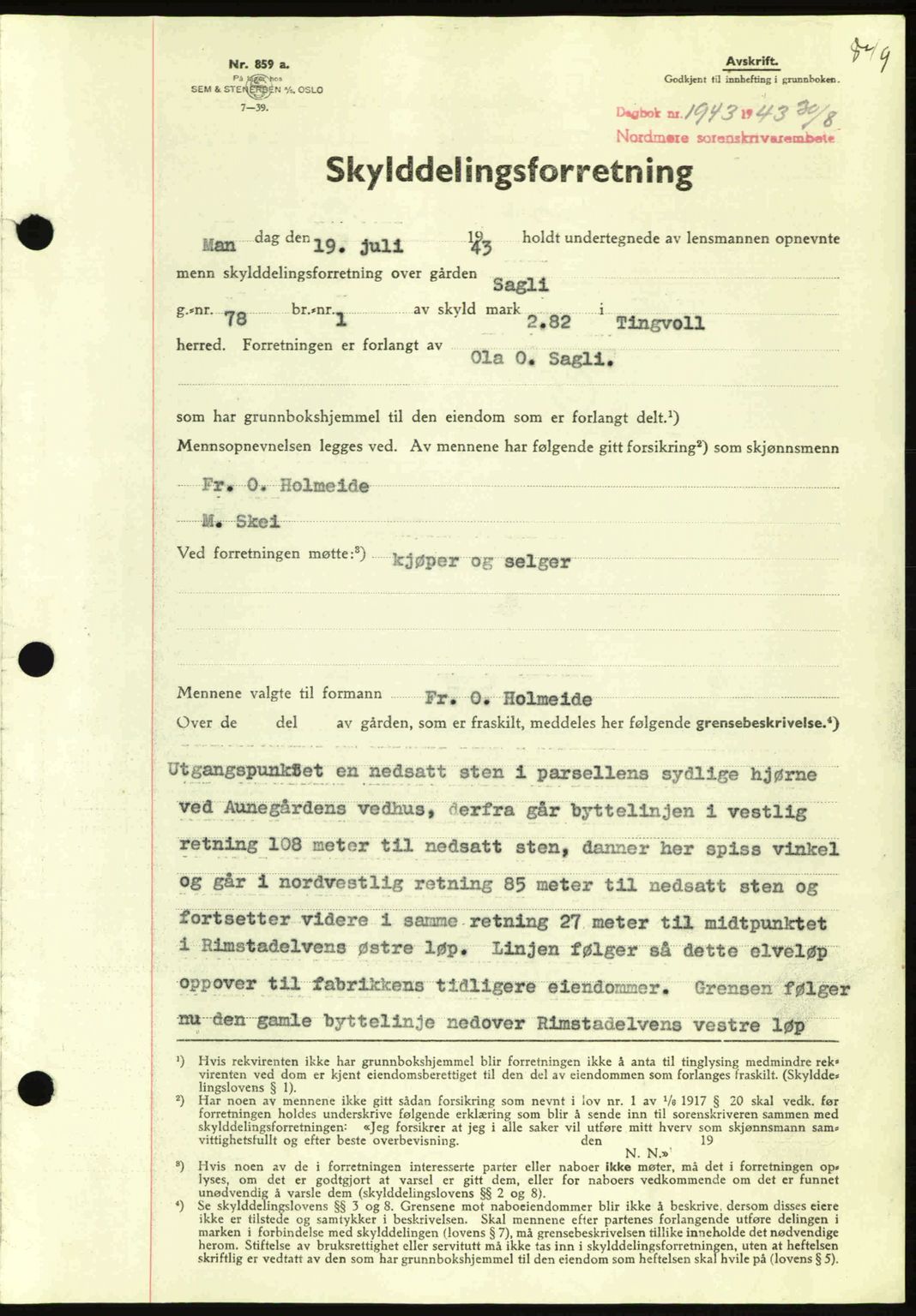 Nordmøre sorenskriveri, AV/SAT-A-4132/1/2/2Ca: Pantebok nr. A95, 1943-1943, Dagboknr: 1943/1943