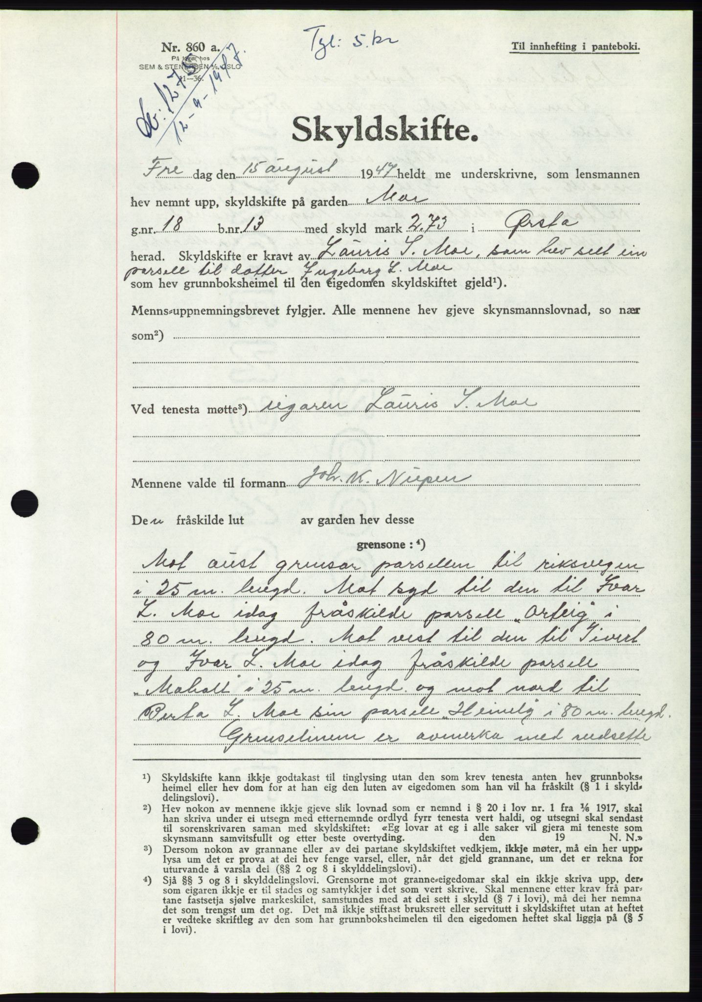 Søre Sunnmøre sorenskriveri, AV/SAT-A-4122/1/2/2C/L0081: Pantebok nr. 7A, 1947-1948, Dagboknr: 1275/1947