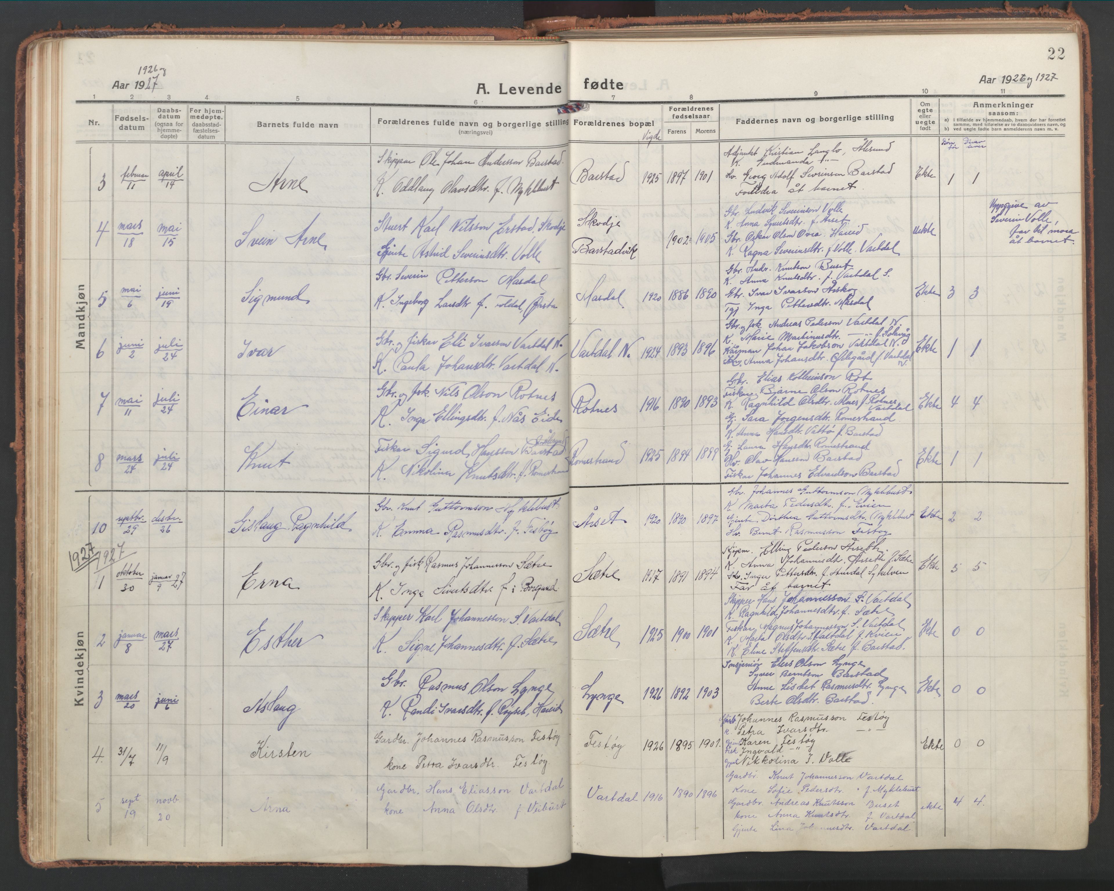 Ministerialprotokoller, klokkerbøker og fødselsregistre - Møre og Romsdal, AV/SAT-A-1454/514/L0202: Klokkerbok nr. 514C02, 1916-1944, s. 22