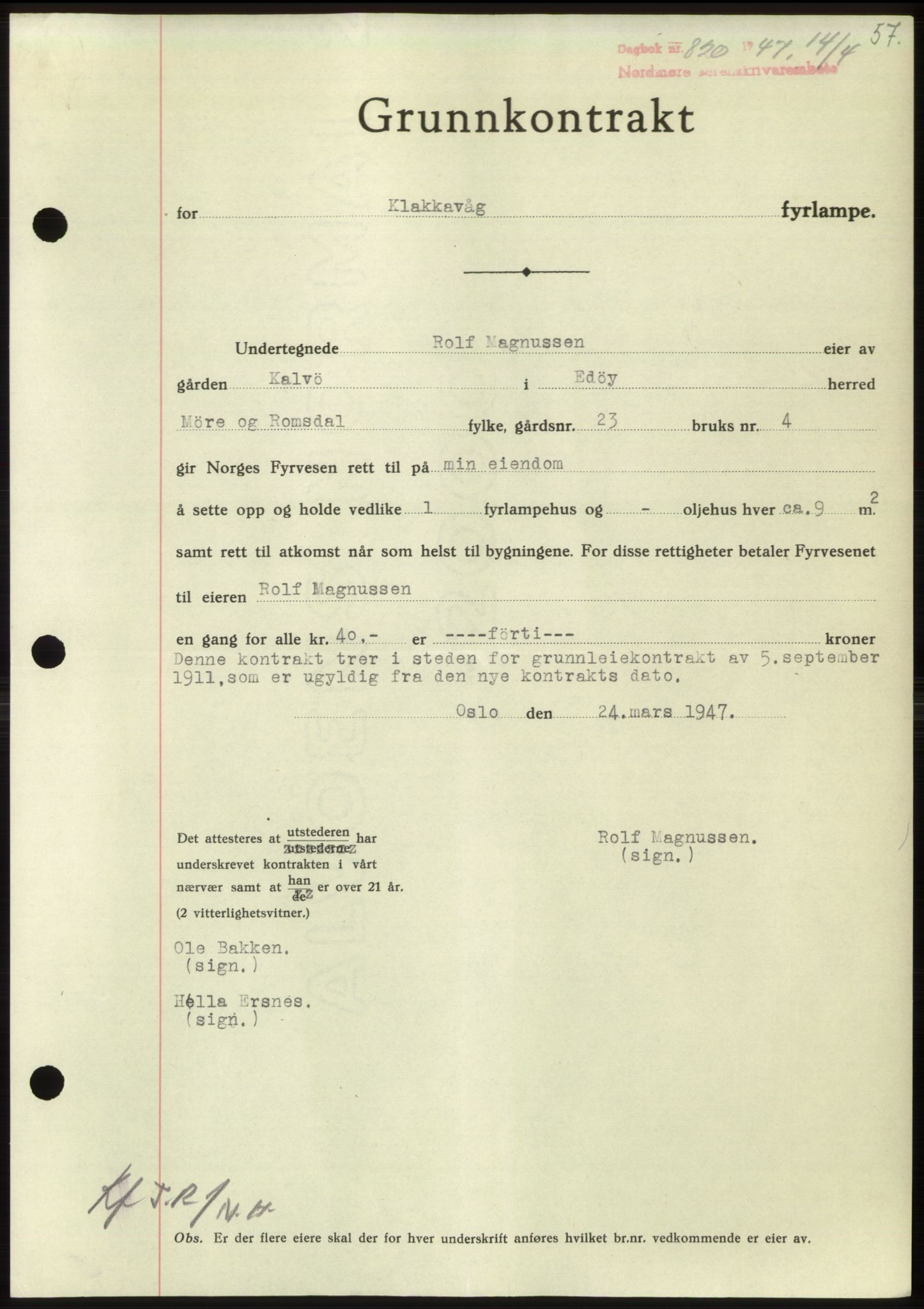 Nordmøre sorenskriveri, AV/SAT-A-4132/1/2/2Ca: Pantebok nr. B96, 1947-1947, Dagboknr: 820/1947