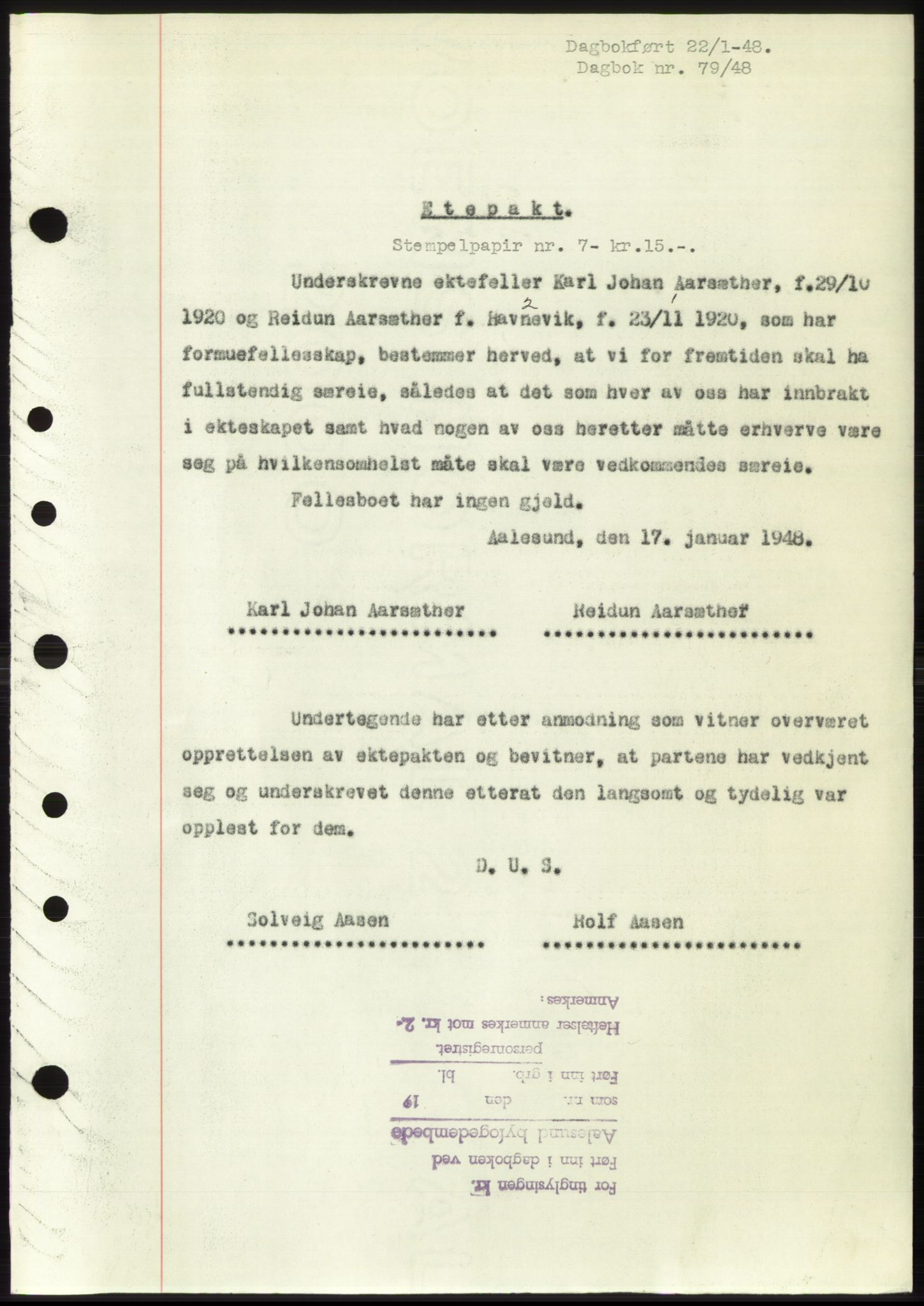 Ålesund byfogd, AV/SAT-A-4384: Pantebok nr. B36-38, 1948-1950, Dagboknr: 79/1948