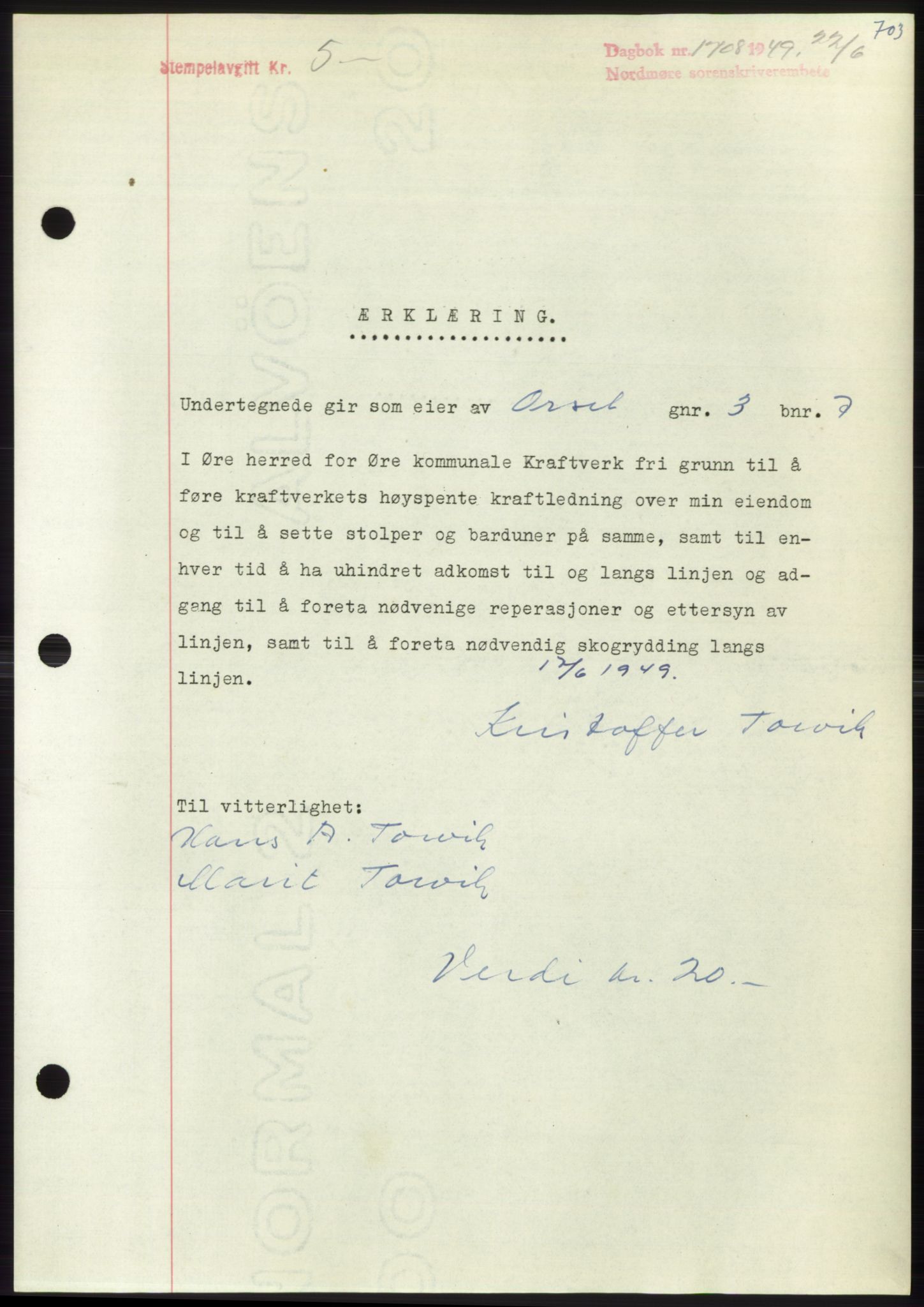 Nordmøre sorenskriveri, SAT/A-4132/1/2/2Ca: Pantebok nr. B101, 1949-1949, Dagboknr: 1708/1949