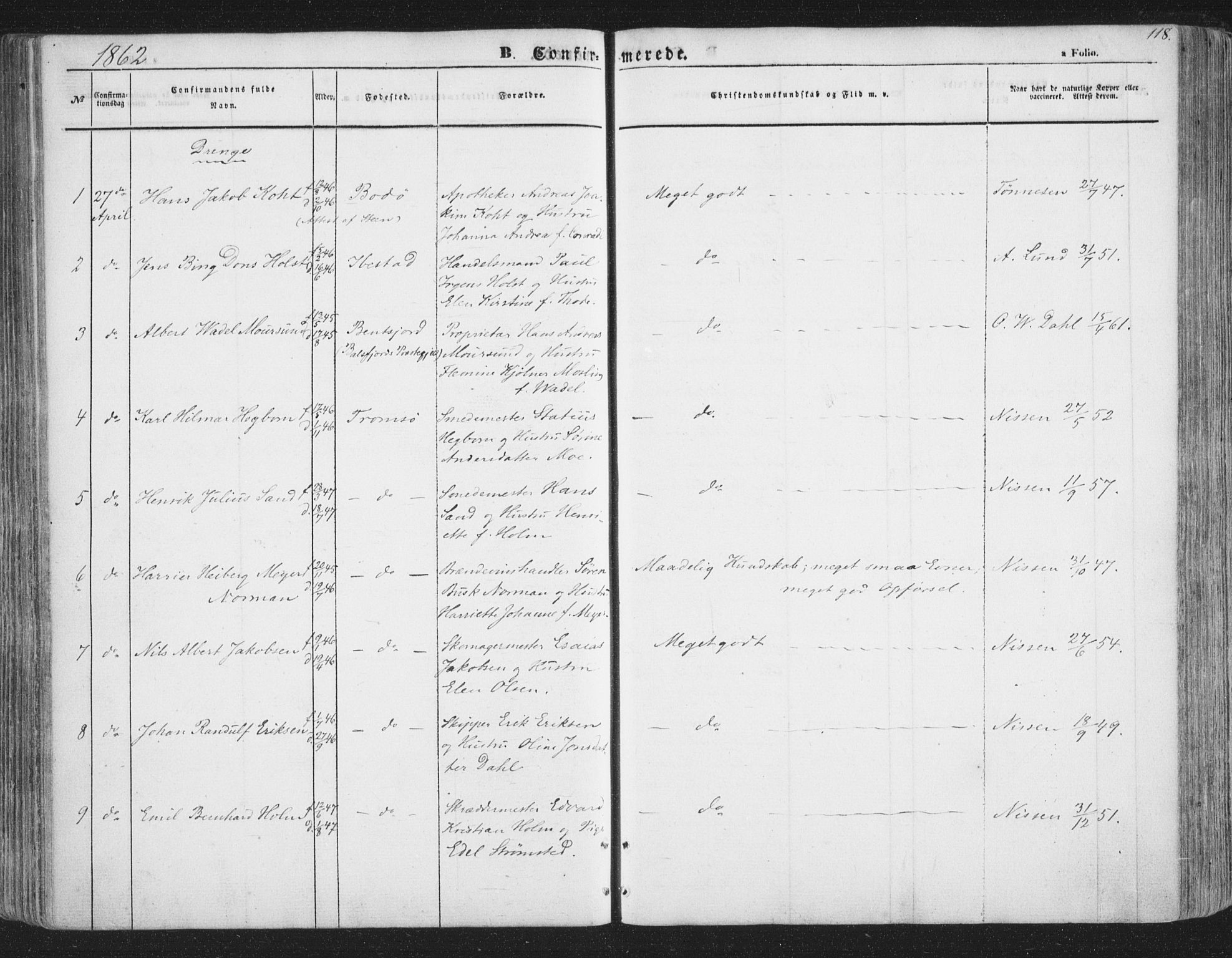 Tromsø sokneprestkontor/stiftsprosti/domprosti, AV/SATØ-S-1343/G/Ga/L0011kirke: Ministerialbok nr. 11, 1856-1865, s. 118